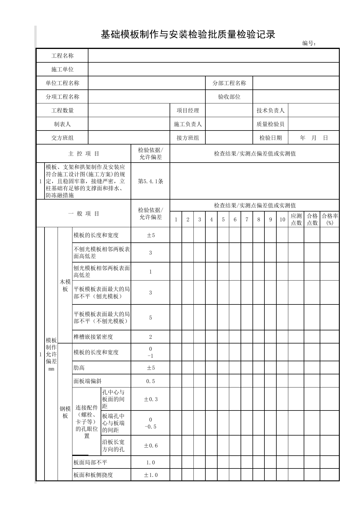 基础模板制作与安装检验批质量检验记录_基础_砌筑墙体、钢筋混凝土顶板人行地道结构_人行地道结构_城镇道路工程施工与质量验收规范_道路工程(CJJ1-2008) 第 1 页
