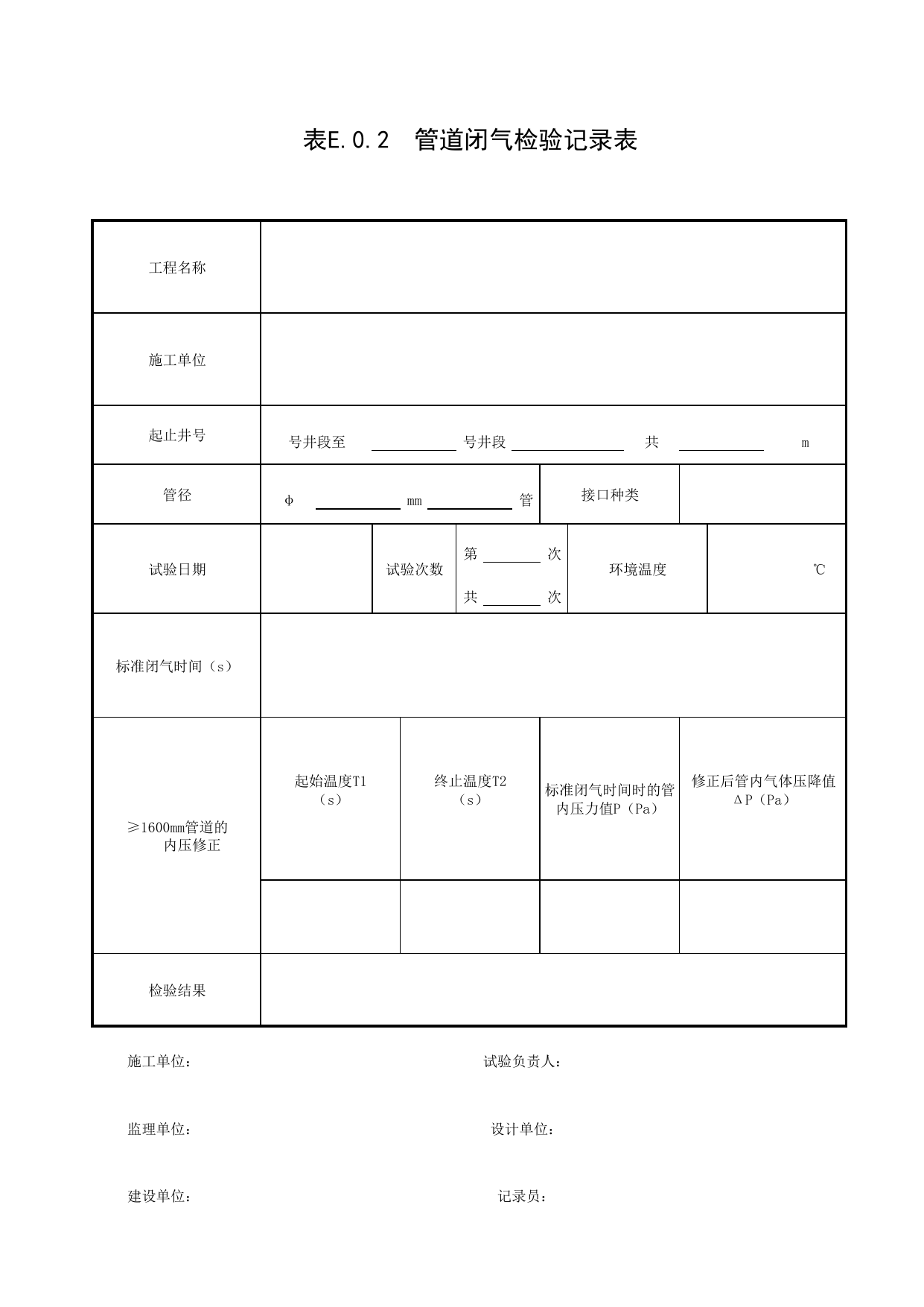 表E.0.2 管道闭气检验记录表_通用表格_给水排水管道工程(GB50268-2008)_地下管线工程 第 1 页
