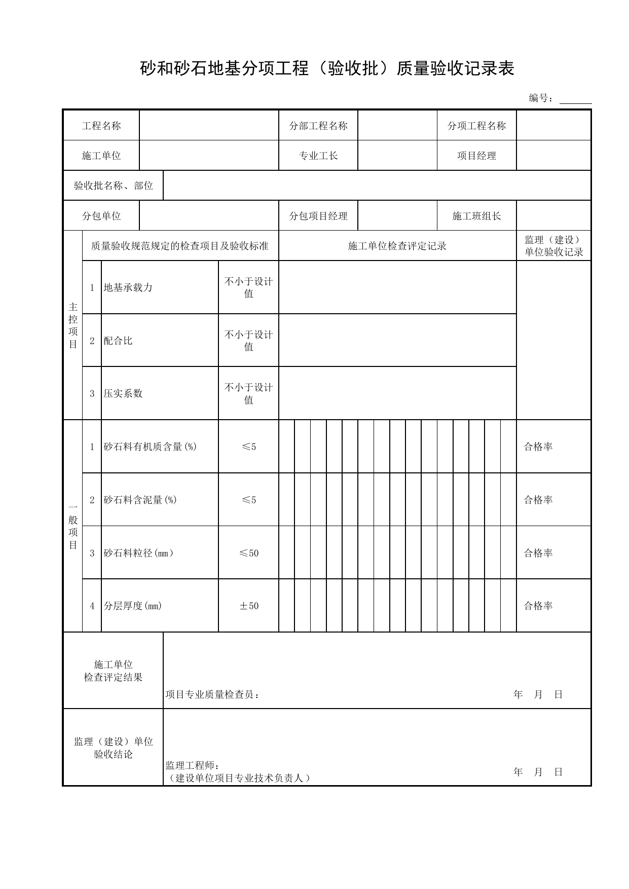 砂和砂石地基分项工程(验收批)质量验收记录表_地基处理_地基基础_地基与基础工程_给水排水构筑物工程施工及验收规范_给水排水构筑物工程(GB50141-2008)_地下管线工程 第 1 页