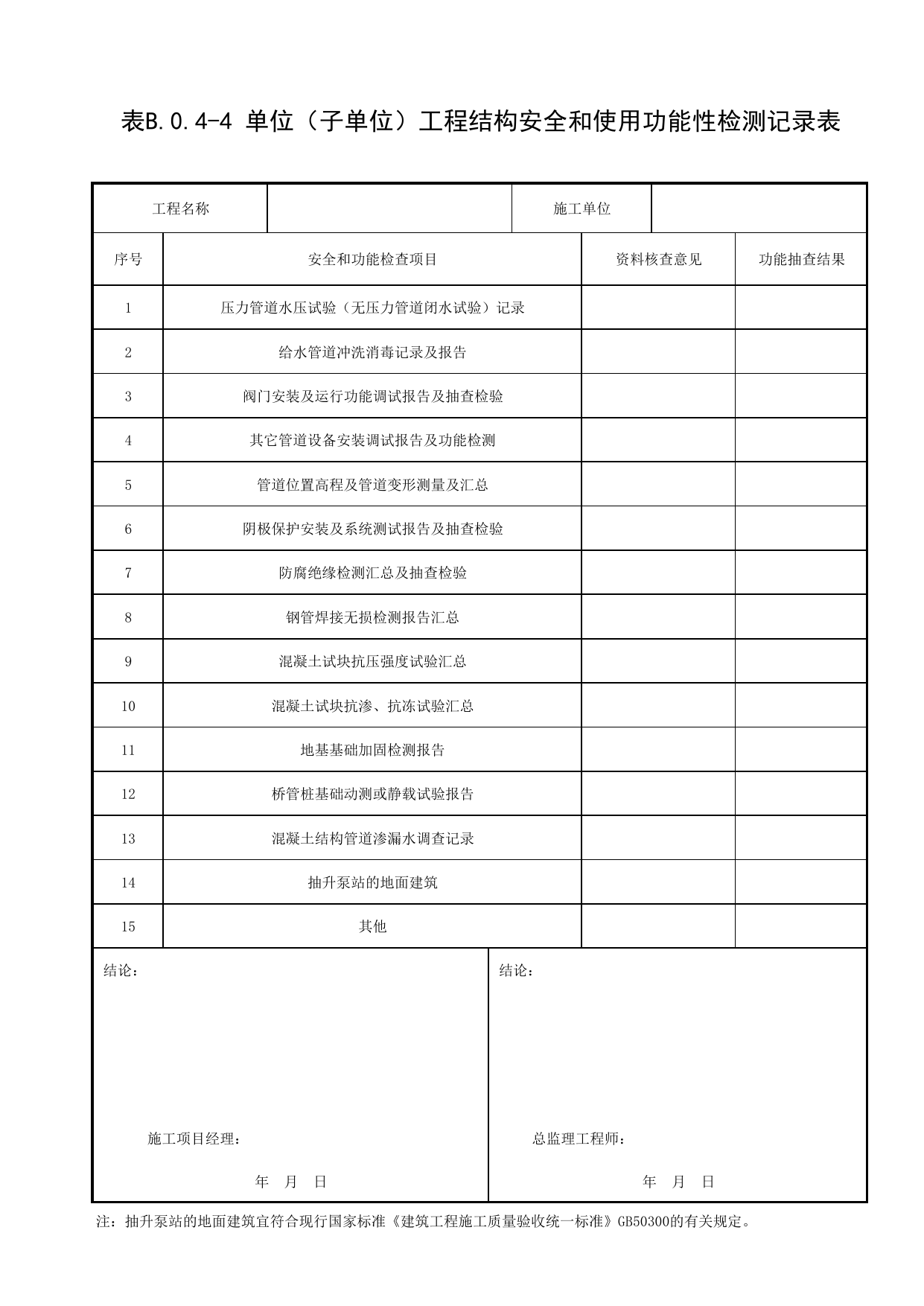 表B.0.4-4 单位(子单位)工程结构安全和使用功能性检测记录表_通用表格_给水排水管道工程(GB50268-2008)_地下管线工程 第 1 页
