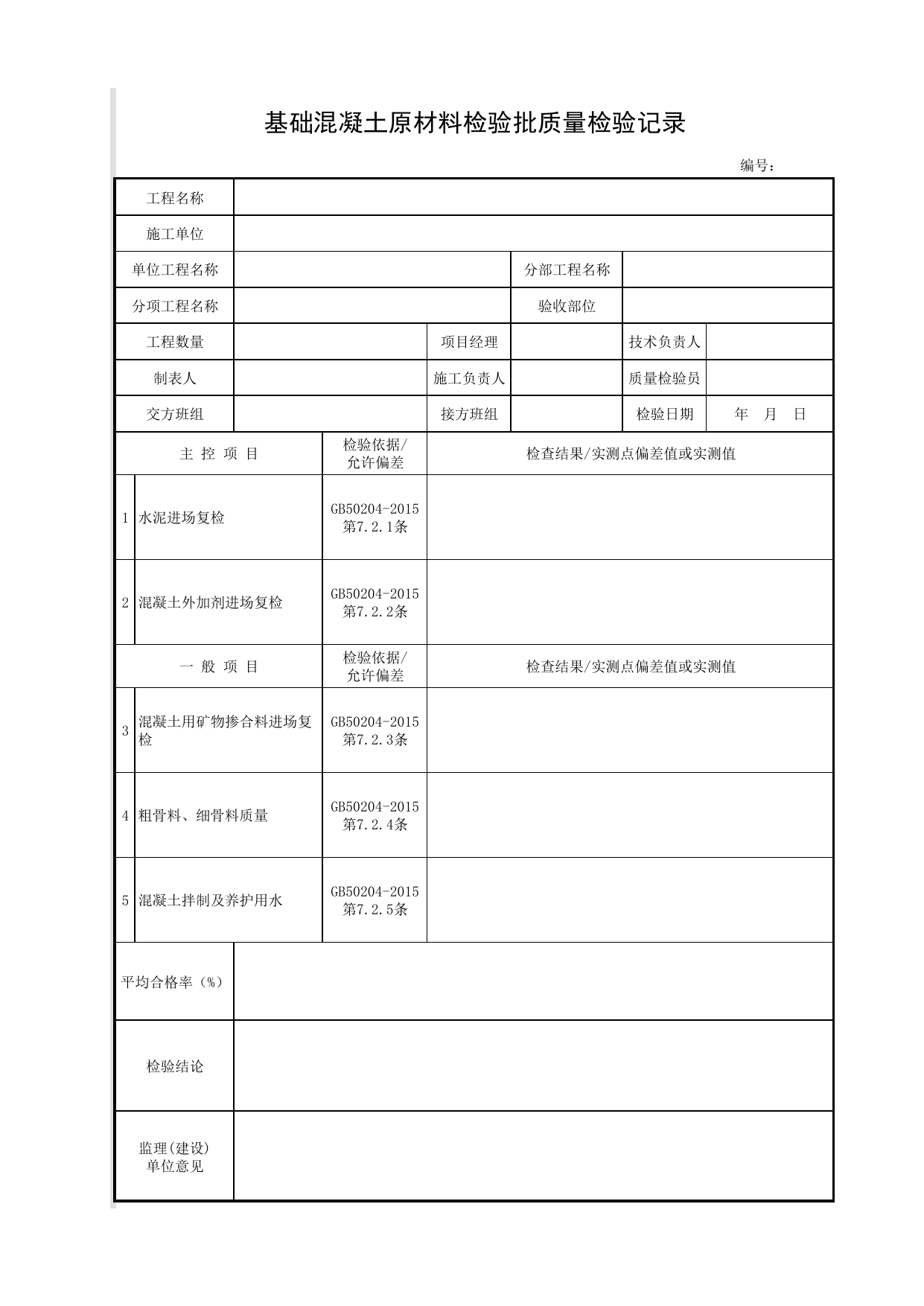 基础混凝土原材料检验批质量检验记录_基础_现浇钢筋混凝土挡土墙_挡土墙_城镇道路工程施工与质量验收规范_道路工程(CJJ1-2008) 第 1 页