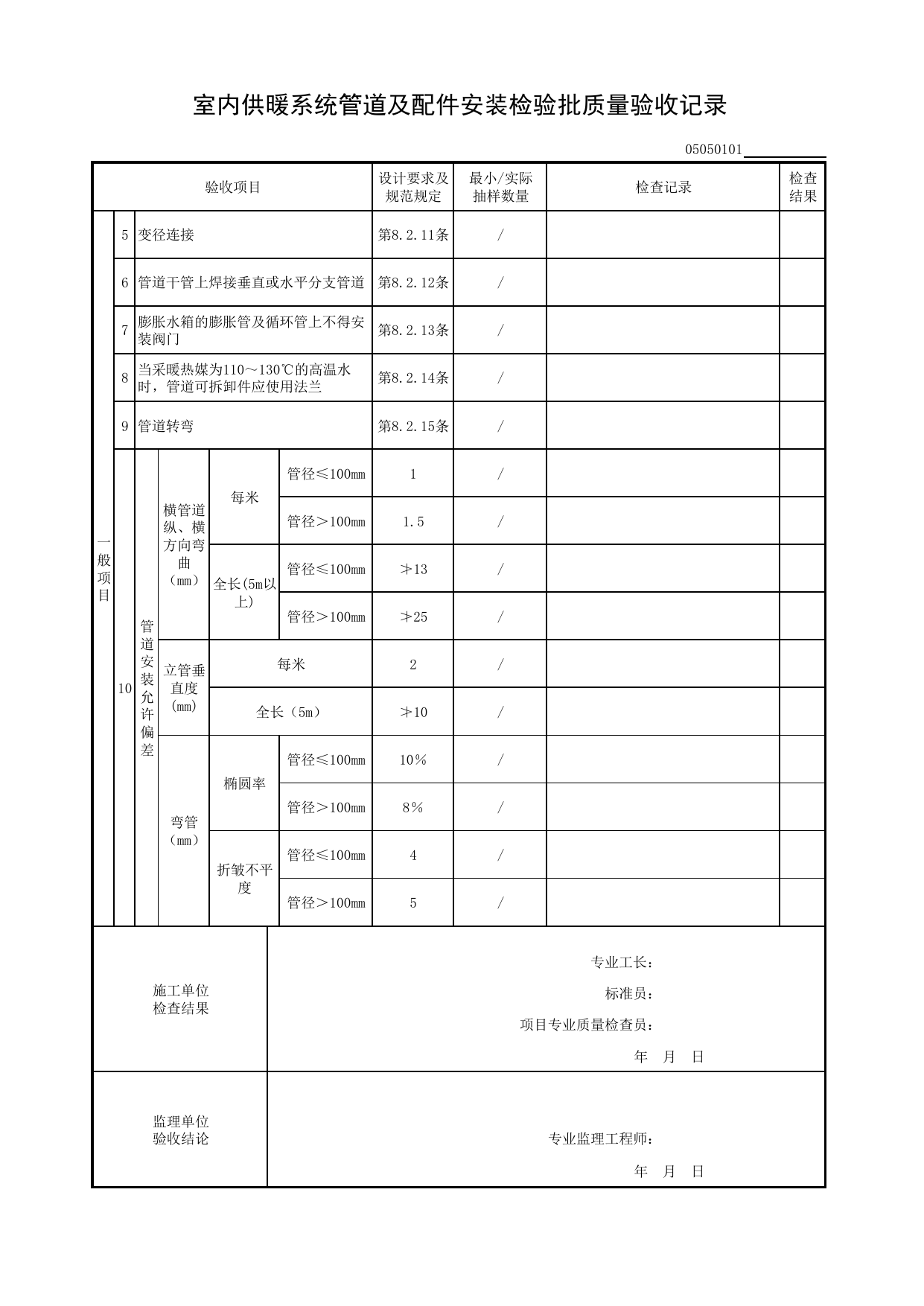 05050101_室内供暖系统管道及配件安装检验批质量验收记录_0505_室内供暖系统_05建筑给水排水及供暖_检验批质量验收记录_C8 过程验收资料_C 施工资料_建筑工程(DB34_T918-2019) 第 2 页