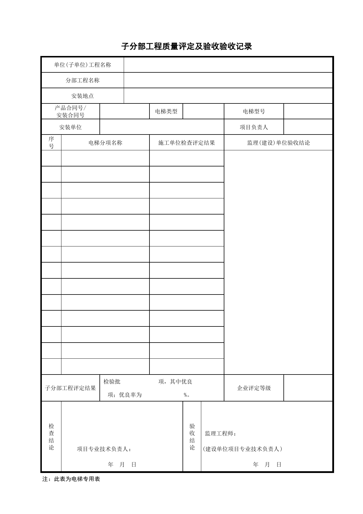 JG04_电梯子分部工程质量评定及验收记录_总表_(建工集团企业版)施工质量验收记录_北京建筑资料库DB11-T695-2009 第 1 页