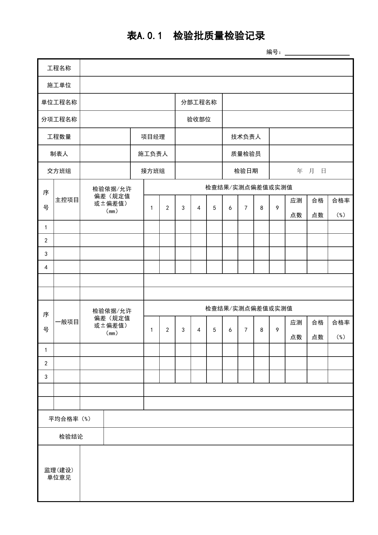 表A.0.1 检验批工程质量检验记录_道路工程(C2)_施工验收文件(C类)_施工单位文件_安徽省归档标准配套用表(DB34_T 4574-2023) 第 1 页