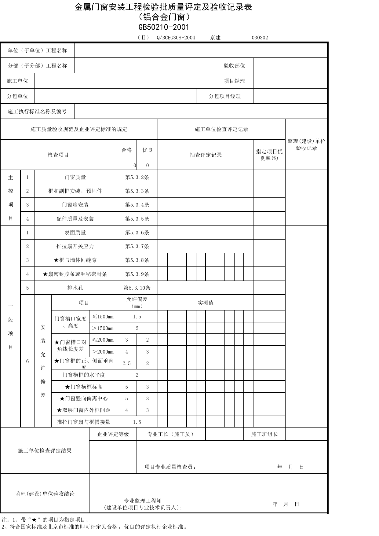 JG030302-2_金属门窗安装工程检验批质量评定及验收记录表(铝合金门窗)_JG0303_门窗_JG03建筑装饰装修_JG检验批质量验收记录_(建工集团企业版)施工质量验收记录_北京建筑资料库DB11-T695-2009 第 1 页