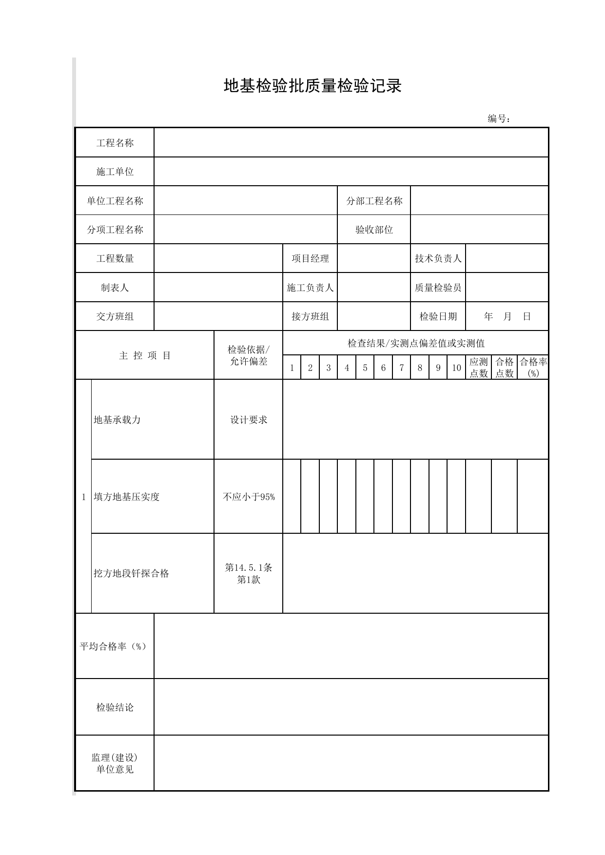 地基检验批质量检验记录_地基_现浇钢筋混凝土人行地道结构_人行地道结构_城镇道路工程施工与质量验收规范_道路工程(CJJ1-2008) 第 1 页