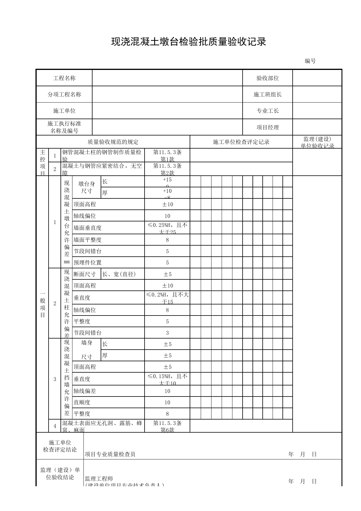 现浇混凝土墩台检验批质量验收记录_现浇混凝土墩台_墩台_城市桥梁工程施工与质量验收规范_桥梁工程(CJJ2-2008) 第 1 页