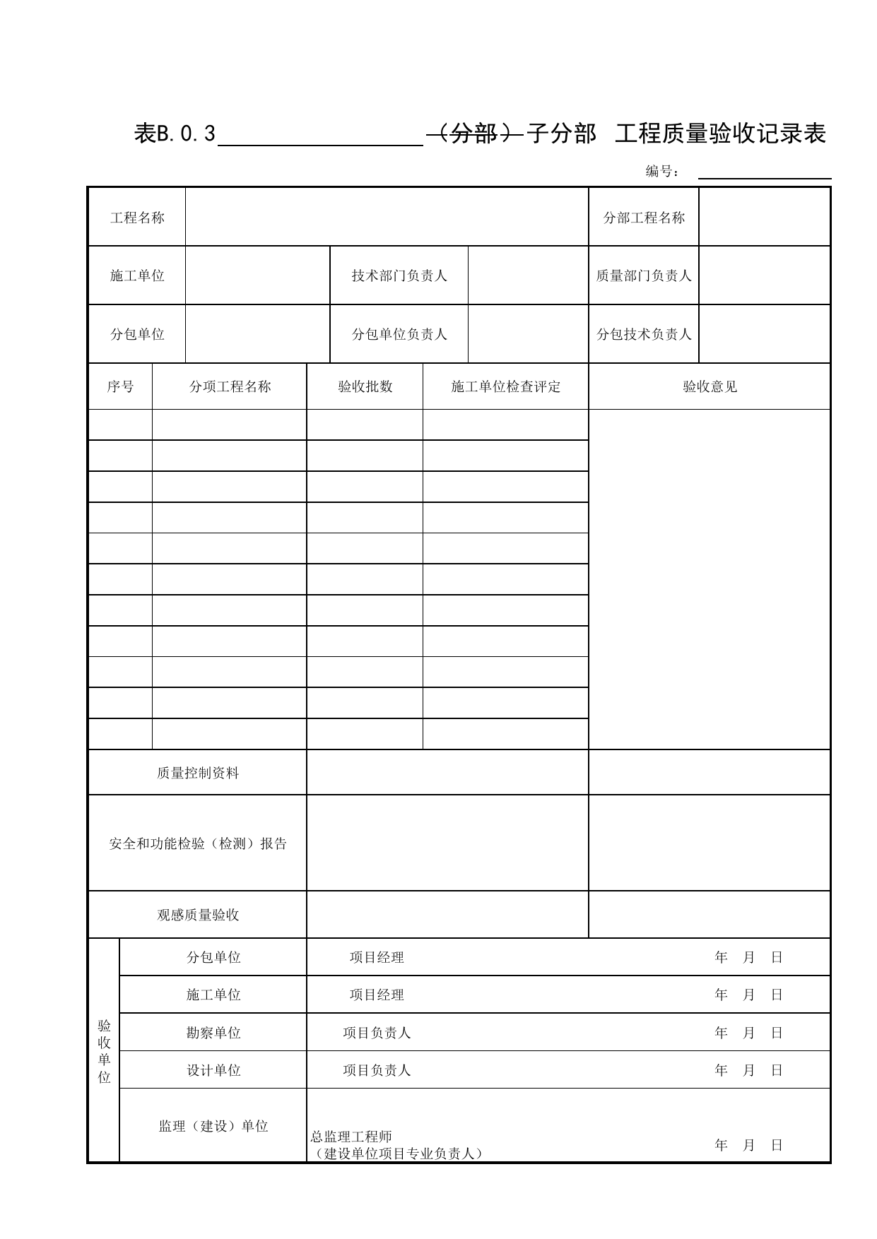 表B.0.3 分部(子分部)工程质量验收记录表(子分部汇总用)_通用表格_给水排水构筑物工程(GB50141-2008)_地下管线工程 第 1 页
