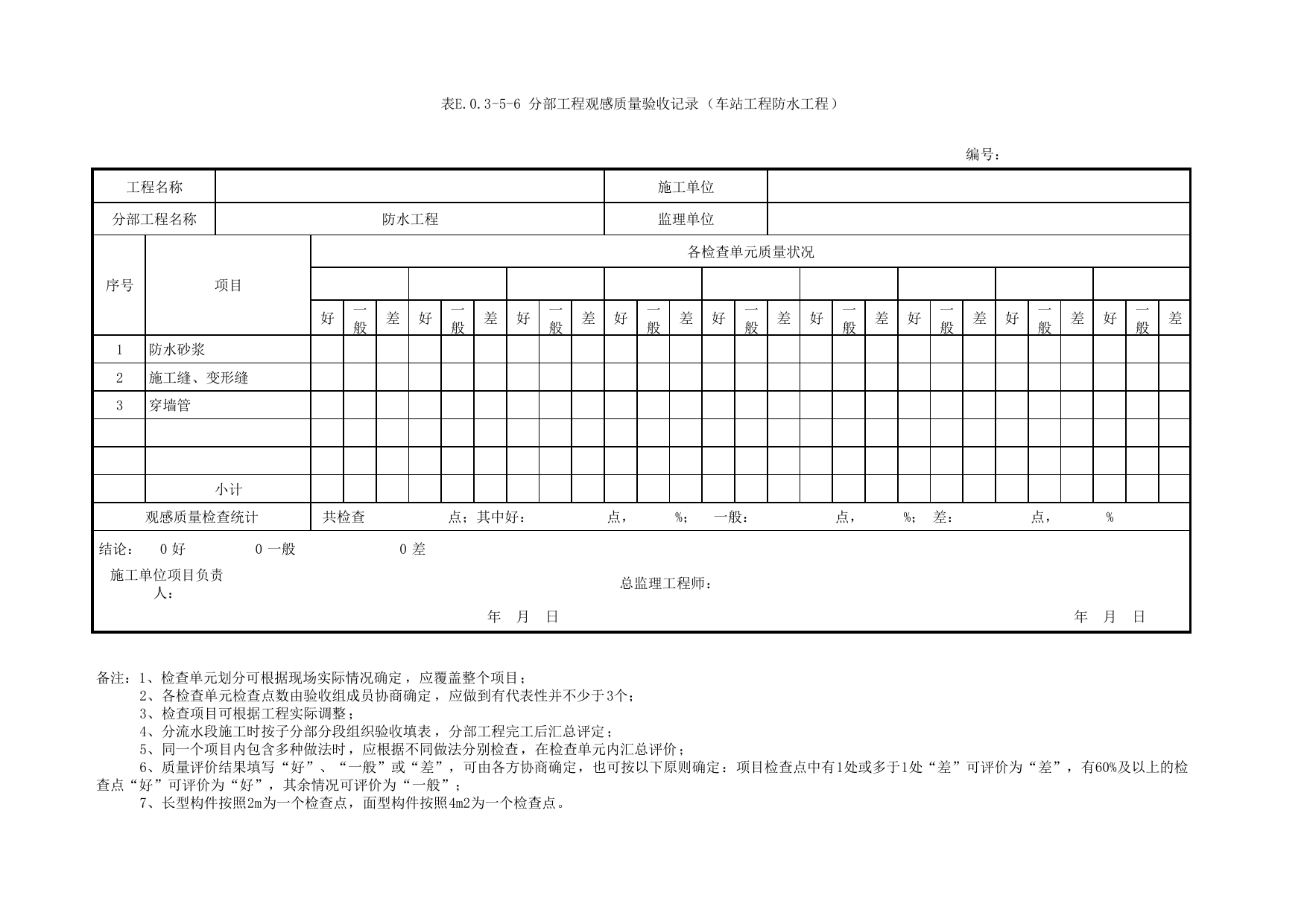表E.0.3-5-6 分部工程观感质量验收记录(车站工程防水工程)_E.0.3 分部工程验收用表_附录E 竣工验收记录_城市轨道交通工程质量验收标准第1部分:土建工程 DB11_T311.1-2019 第 1 页