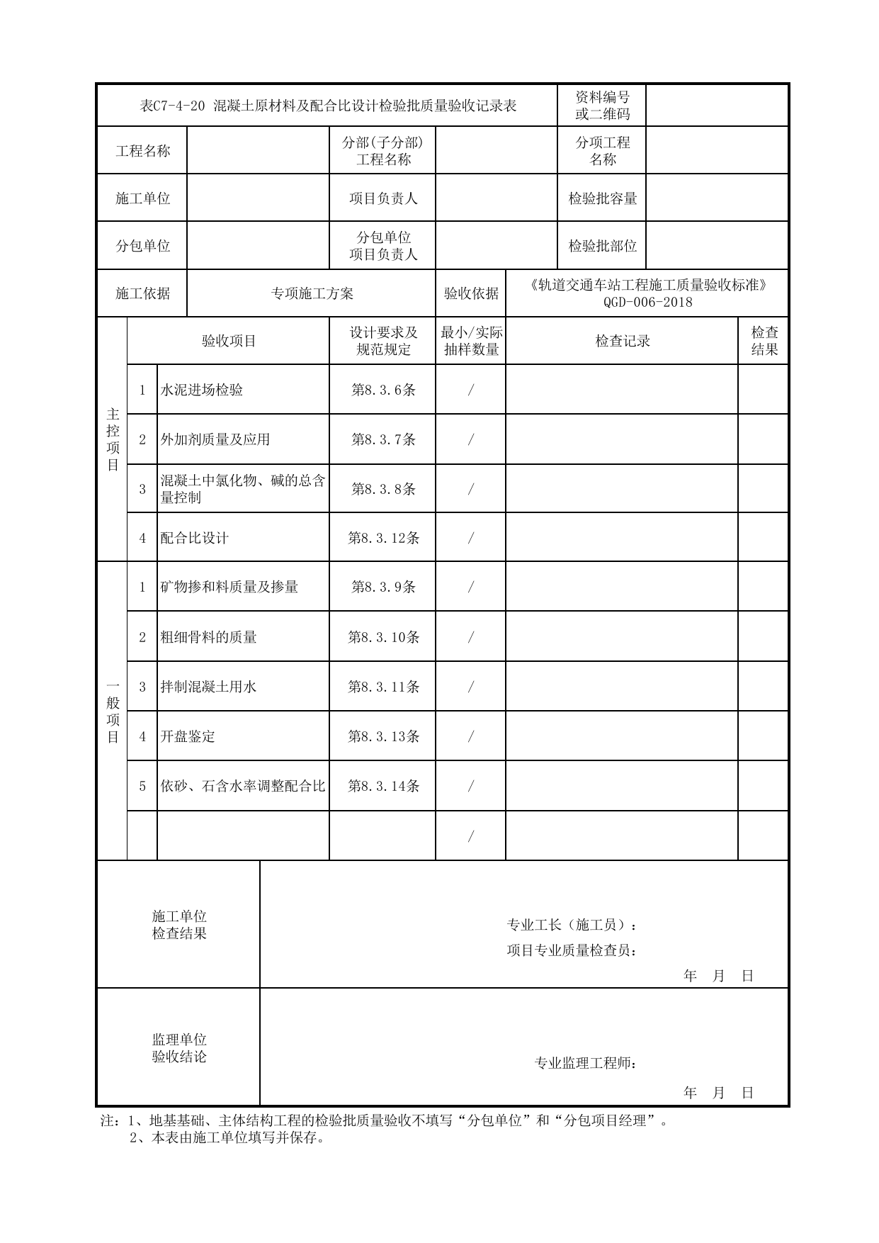 表C7-4-20 混凝土原材料及配合比设计检验批质量验收记录表_附录A 明挖车站工程检验批质量验收记录表_《轨道交通车站工程施工质量验收标准》(QGD-006-2018) 第 1 页