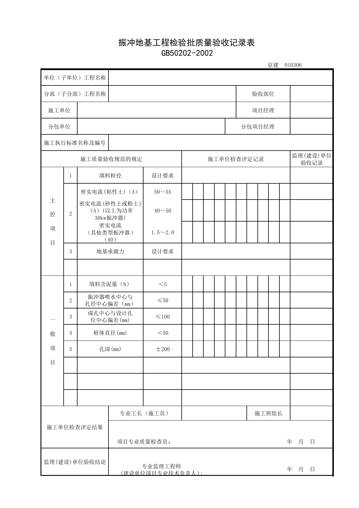 010306_振冲地基工程检验批质量验收记录表_0103_地基处理_01地基与基础_检验批质量验收记录_C7 过程验收资料_C 施工资料_北京建筑资料库DB11-T695-2009 第 1 页