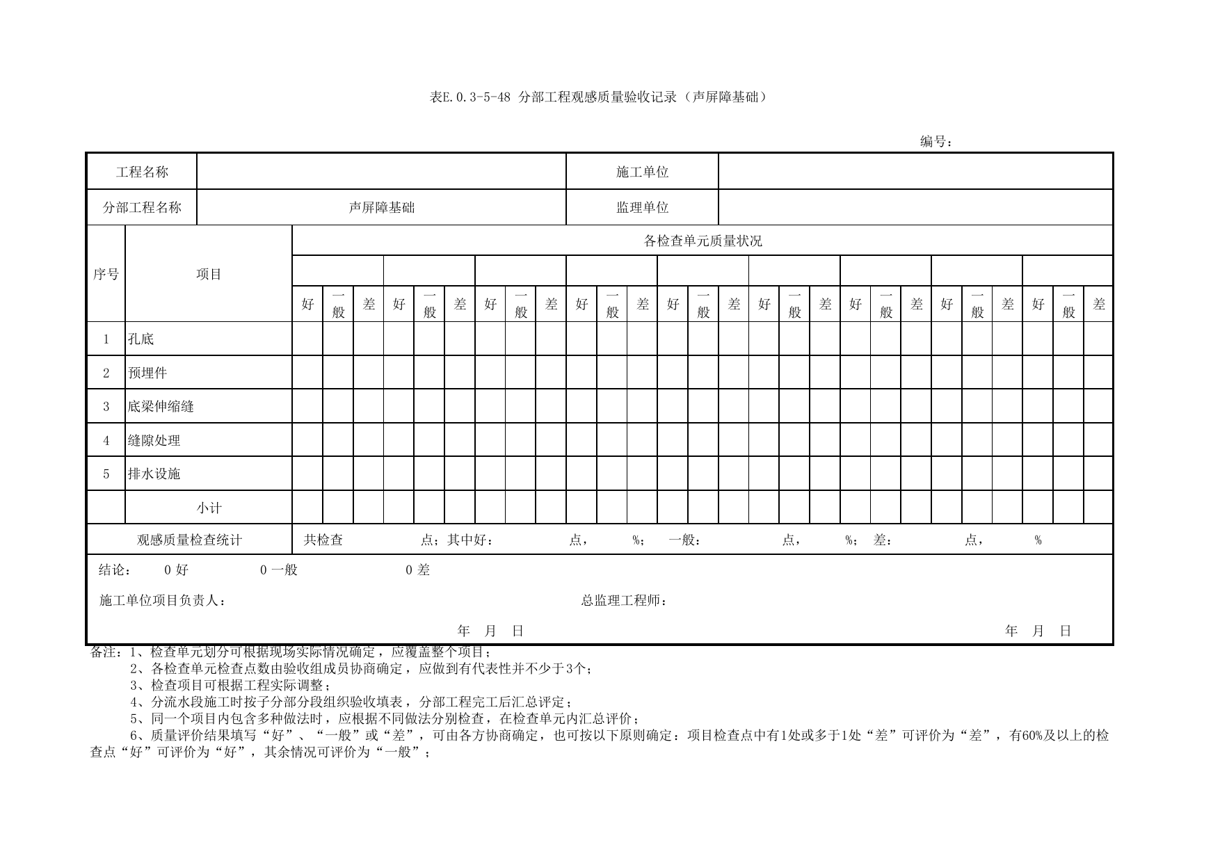 表E.0.3-5-48 分部工程观感质量验收记录(声屏障基础)_E.0.3 分部工程验收用表_附录E 竣工验收记录_城市轨道交通工程质量验收标准第1部分:土建工程 DB11_T311.1-2019 第 1 页