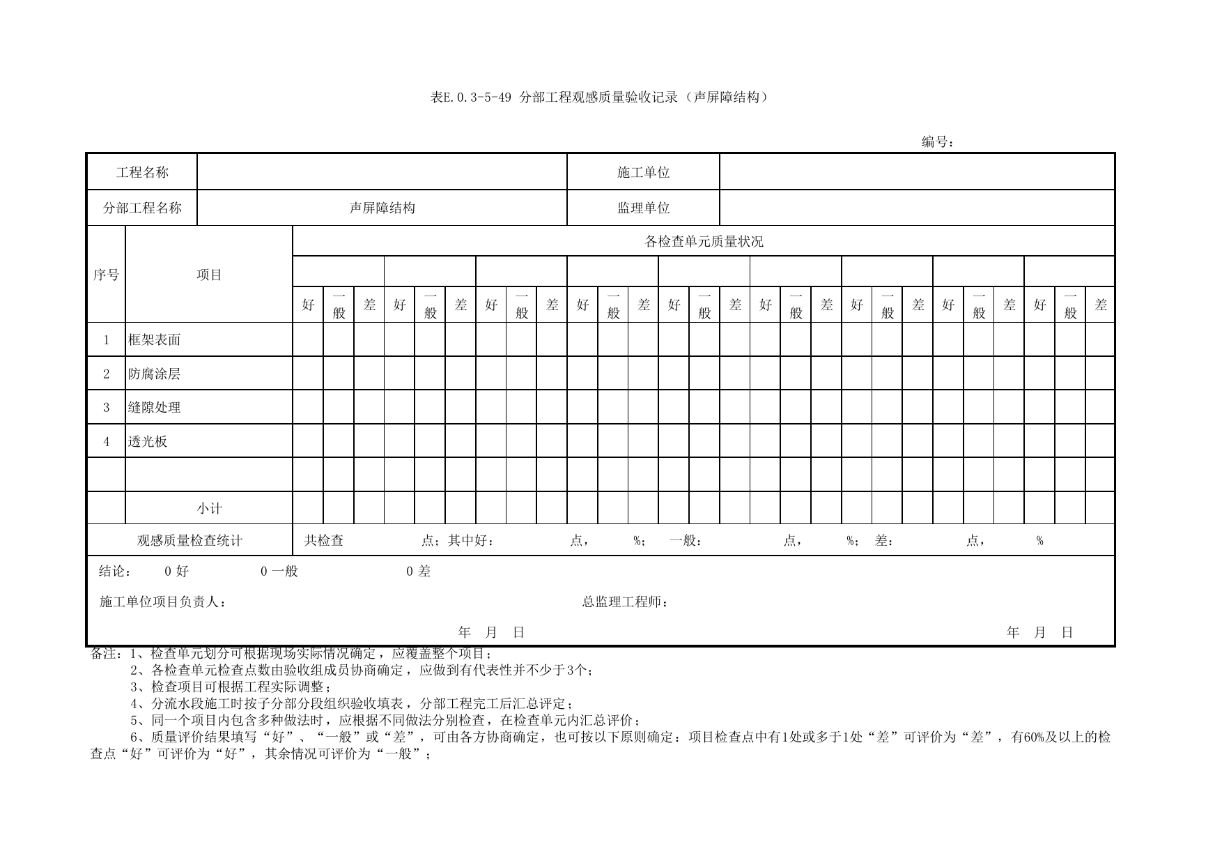 表E.0.3-5-49 分部工程观感质量验收记录(声屏障结构)_E.0.3 分部工程验收用表_附录E 竣工验收记录_城市轨道交通工程质量验收标准第1部分:土建工程 DB11_T311.1-2019 第 1 页