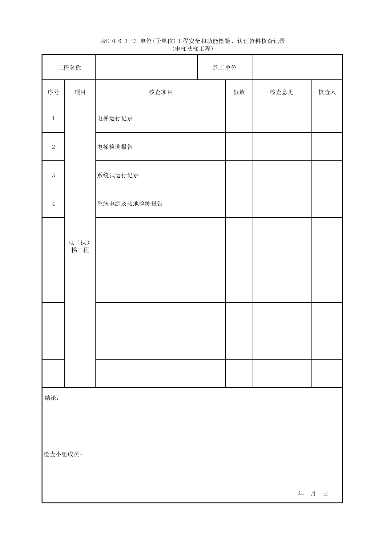 表E.0.6-3-13 单位(子单位)工程安全和功能检验、认证资料核查记录(电扶梯工程) 第 1 页