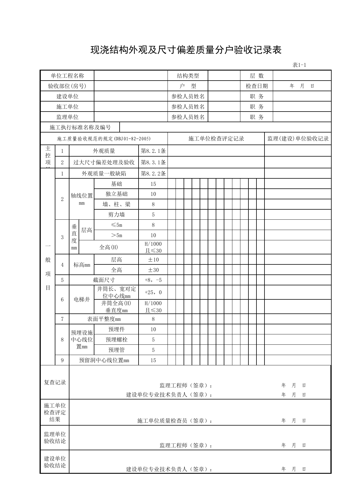 1-01_现浇结构外观及尺寸偏差质量分户验收记录表 第 1 页