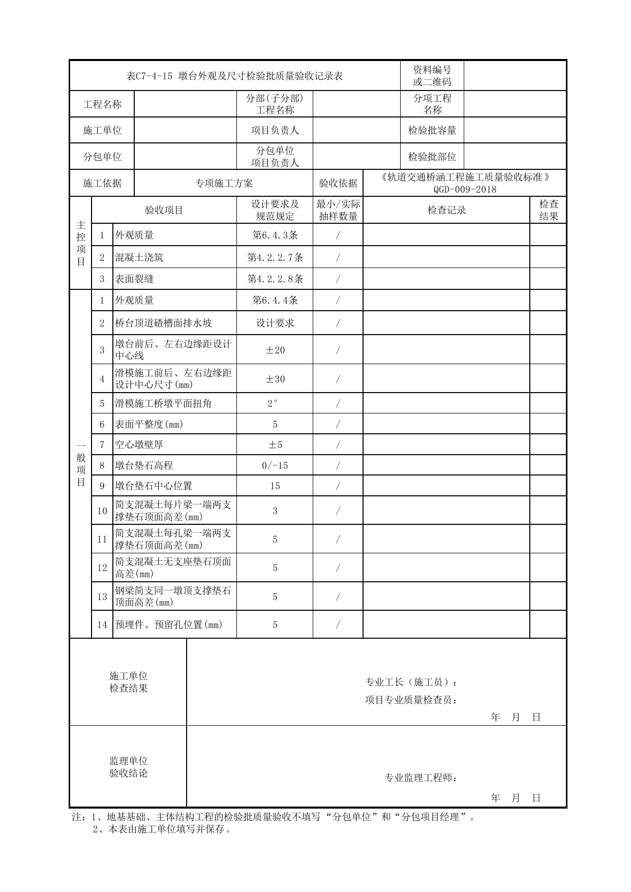 表C7-4-15 墩台外观及尺寸检验批质量验收记录表_检验批质量验收记录表_《轨道交通桥涵工程施工质量验收标准》(QGD-009-2018) 第 1 页