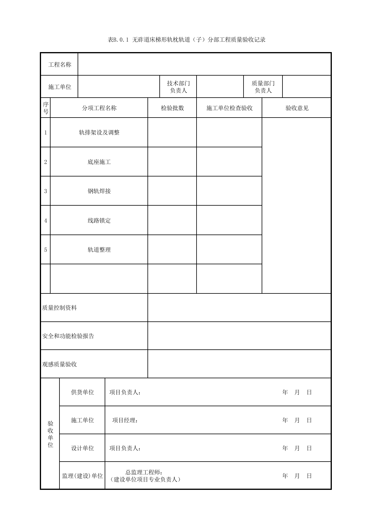 表B.0.1 无砟道床梯形轨枕轨道(子)分部工程质量验收记录_通用表_《轨道交通梯形轨枕轨道工程施工质量验收标准》(QGD-035-2018) 第 1 页