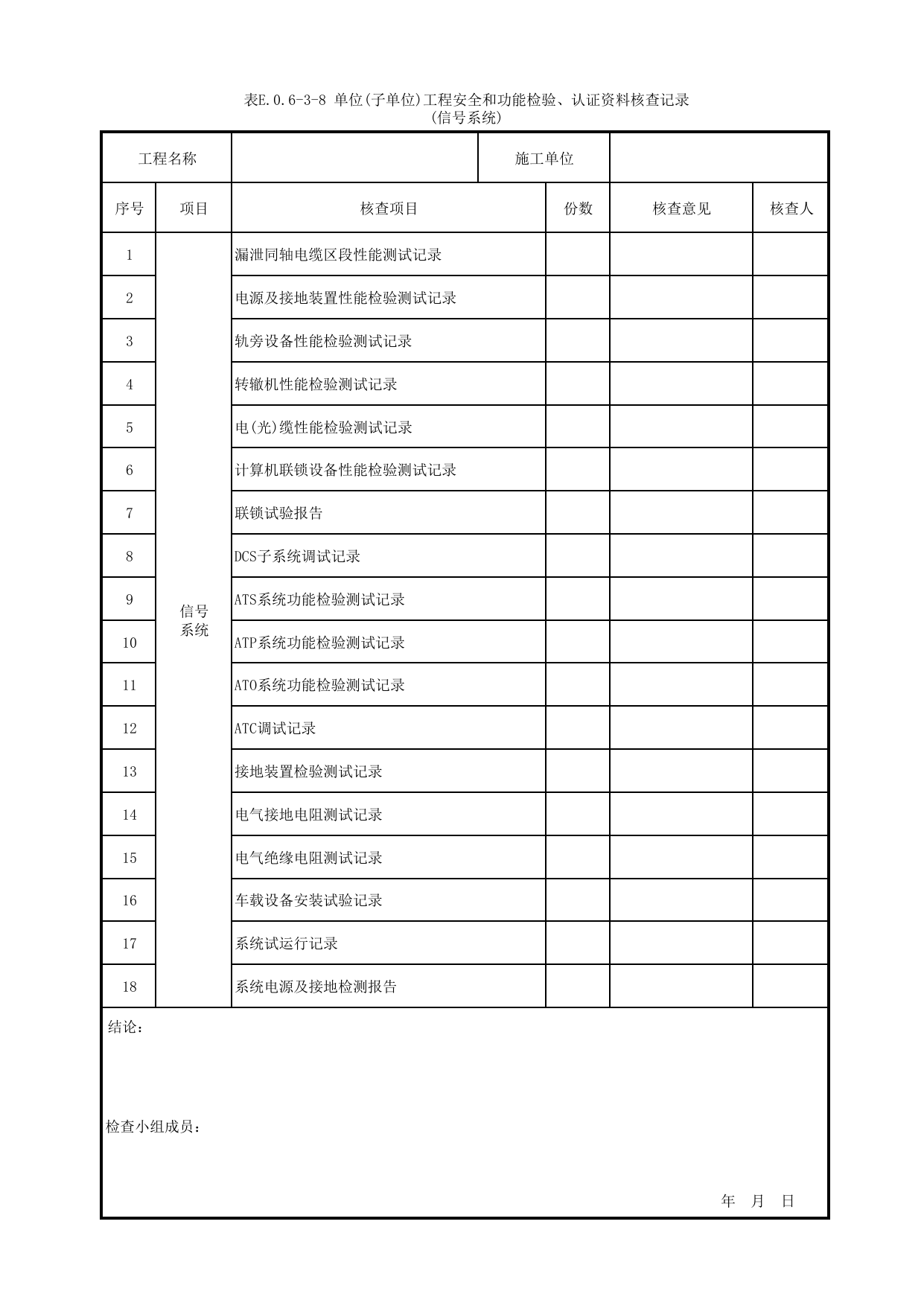 表E.0.6-3-8 单位(子单位)工程安全和功能检验、认证资料核查记录(信号系统) 第 1 页