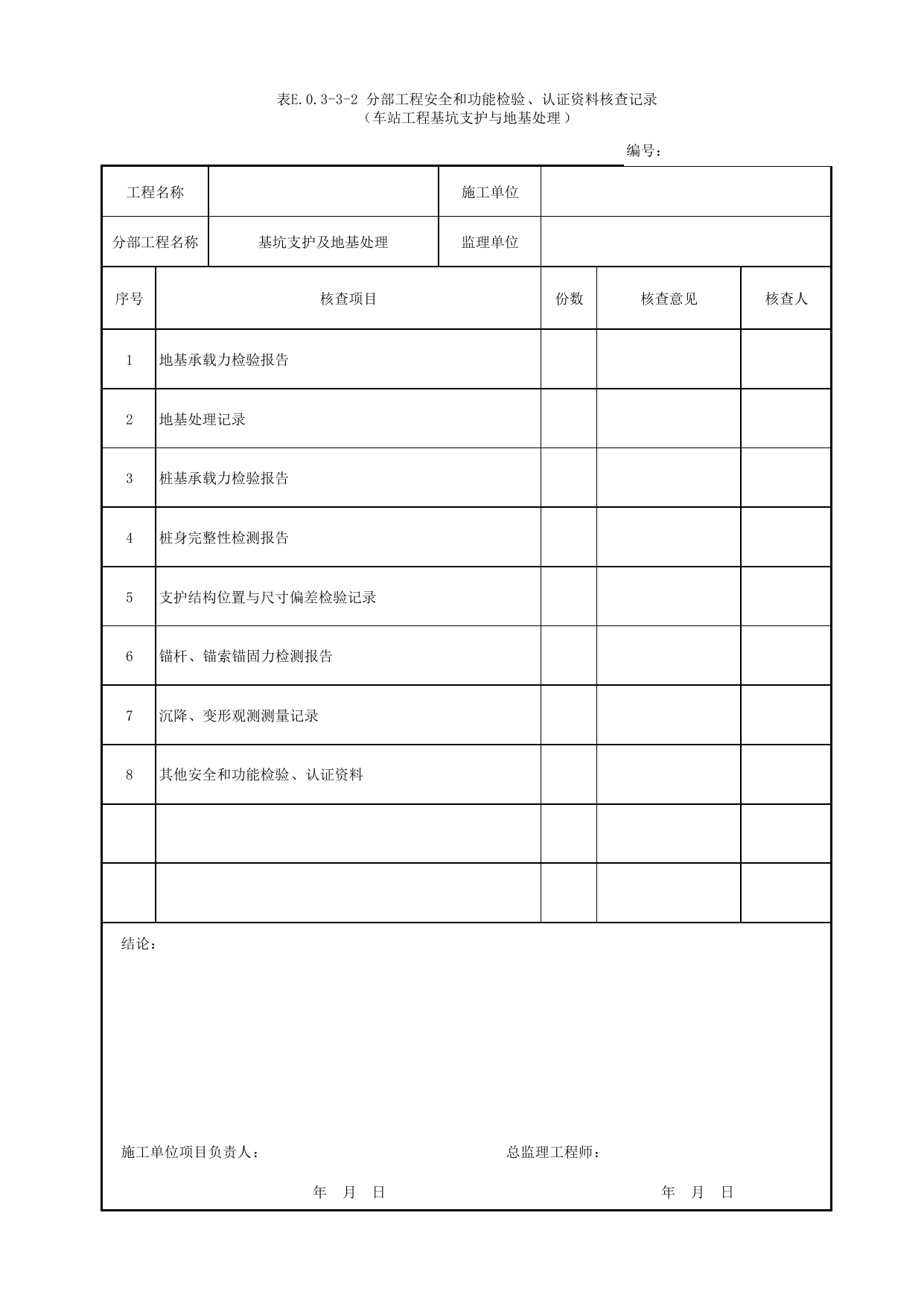 表E.0.3-3-2 分部工程安全和功能检验、认证资料核查记录(车站工程基坑支护与地基处理) 第 1 页