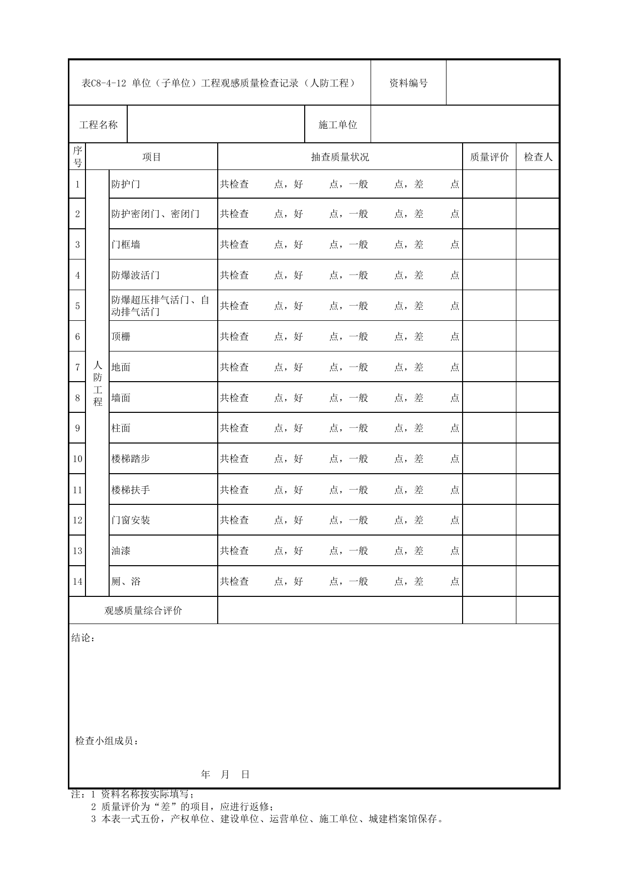 表C8-4-12 单位(子单位)工程观感质量检查记录(人防工程)_C8 工程竣工质量验收资料_C类 施工文件_城市轨道交通工程资料管理规程 DB11_T1448-2024 第 1 页
