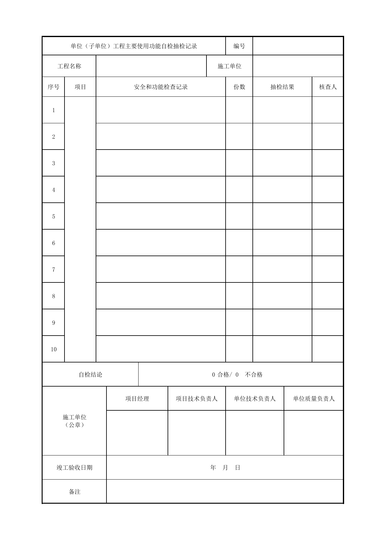 表E.0.4-4 单位(子单位)工程主要使用功能自检抽检记录_E.0.4 单位(子单位)工程自检用表_附录E 竣工验收记录_城市轨道交通工程质量验收标准第1部分:土建工程 DB11_T311.1-2019 第 1 页