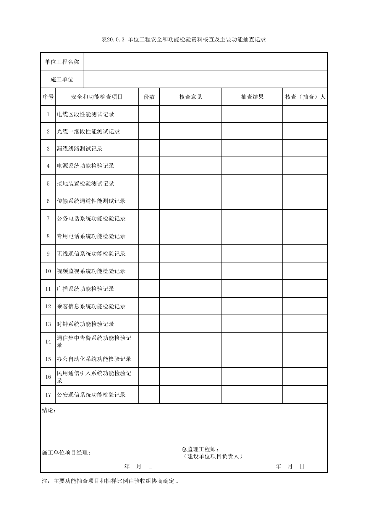 表20.0.3 单位工程安全和功能检验资料核查及主要功能抽查记录_单位工程质量验收_城市轨道交通通信工程_城市轨道交通通信工程质量验收规范 GB50382-2016 第 1 页