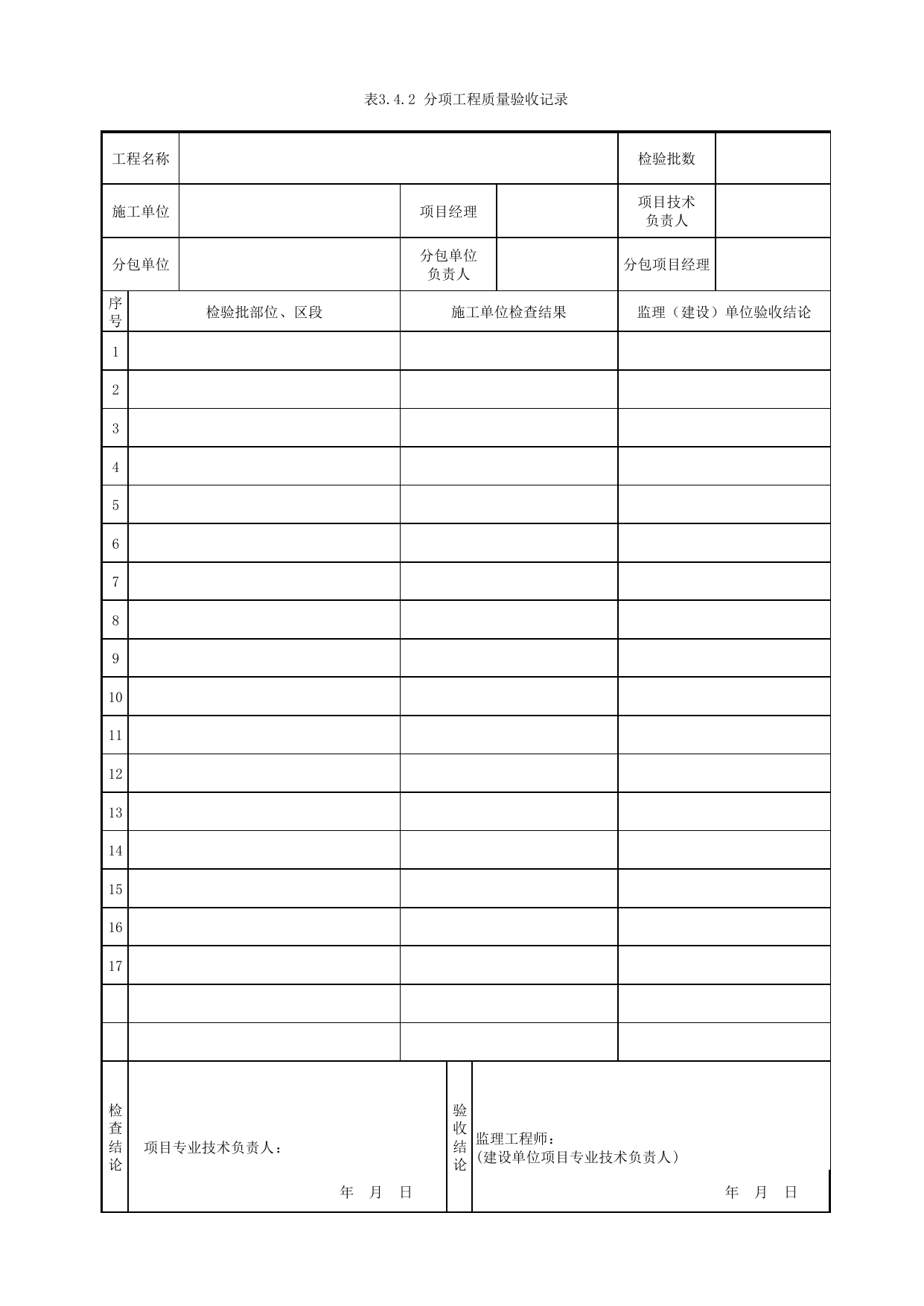 表3.4.2 分项工程质量验收记录_竣工验收记录_城市轨道交通工程质量验收标准第2部分:设备安装工程 DB11_T311.2-2008 第 1 页