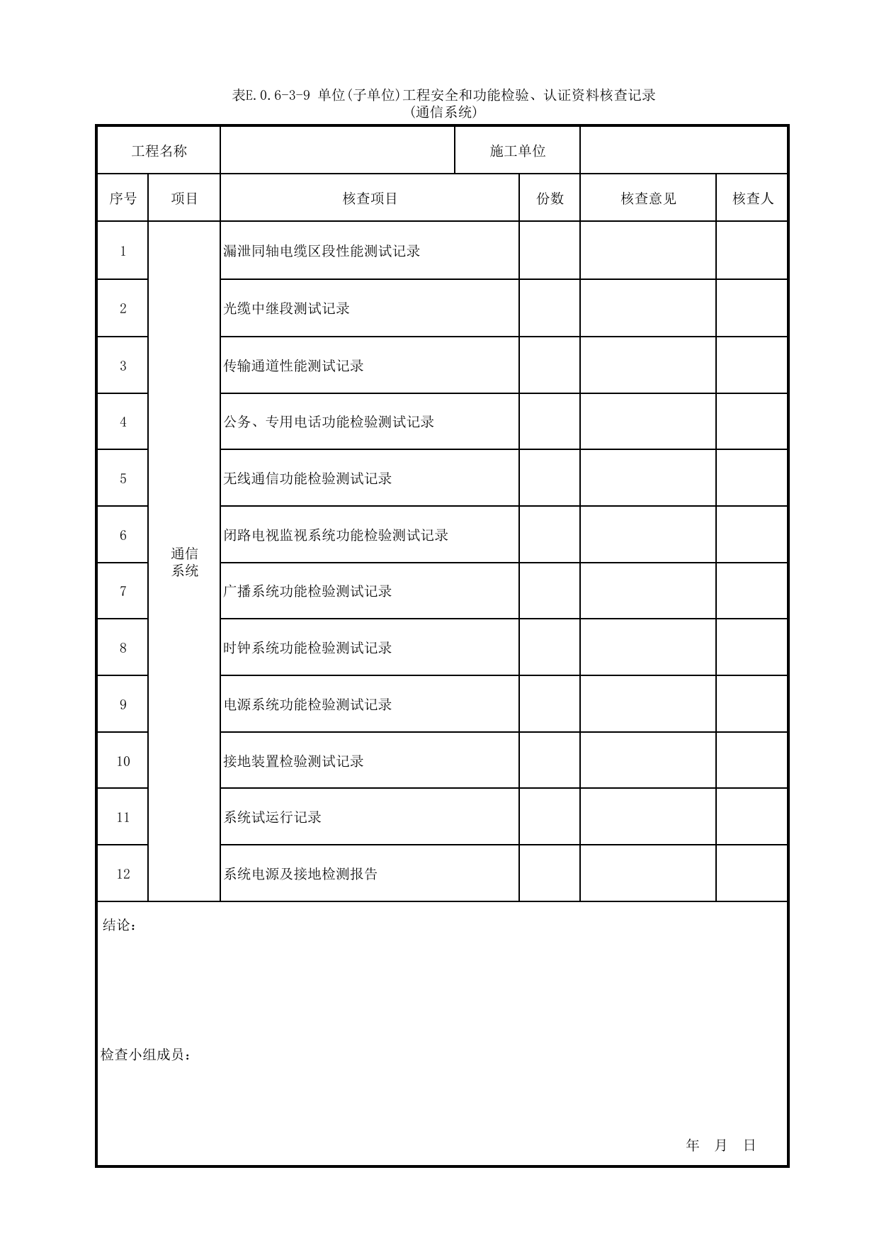 表E.0.6-3-9 单位(子单位)工程安全和功能检验、认证资料核查记录(通信系统) 第 1 页