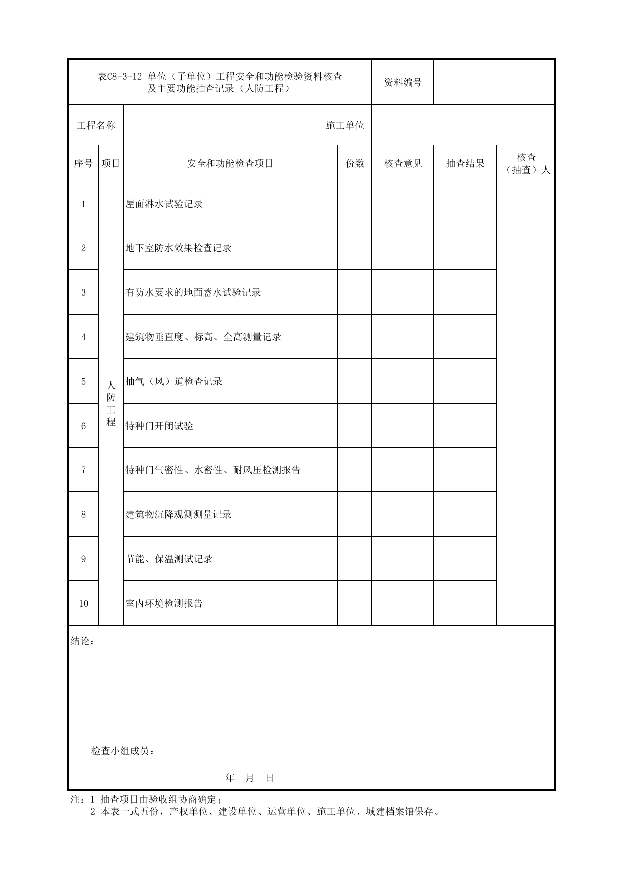 表C8-3-12 单位(子单位)工程安全和功能检验资料核查及主要功能抽查记录(人防工程)_C8 工程竣工质量验收资料_C类 施工文件_城市轨道交通工程资料管理规程 DB11_T1448-2024 第 1 页
