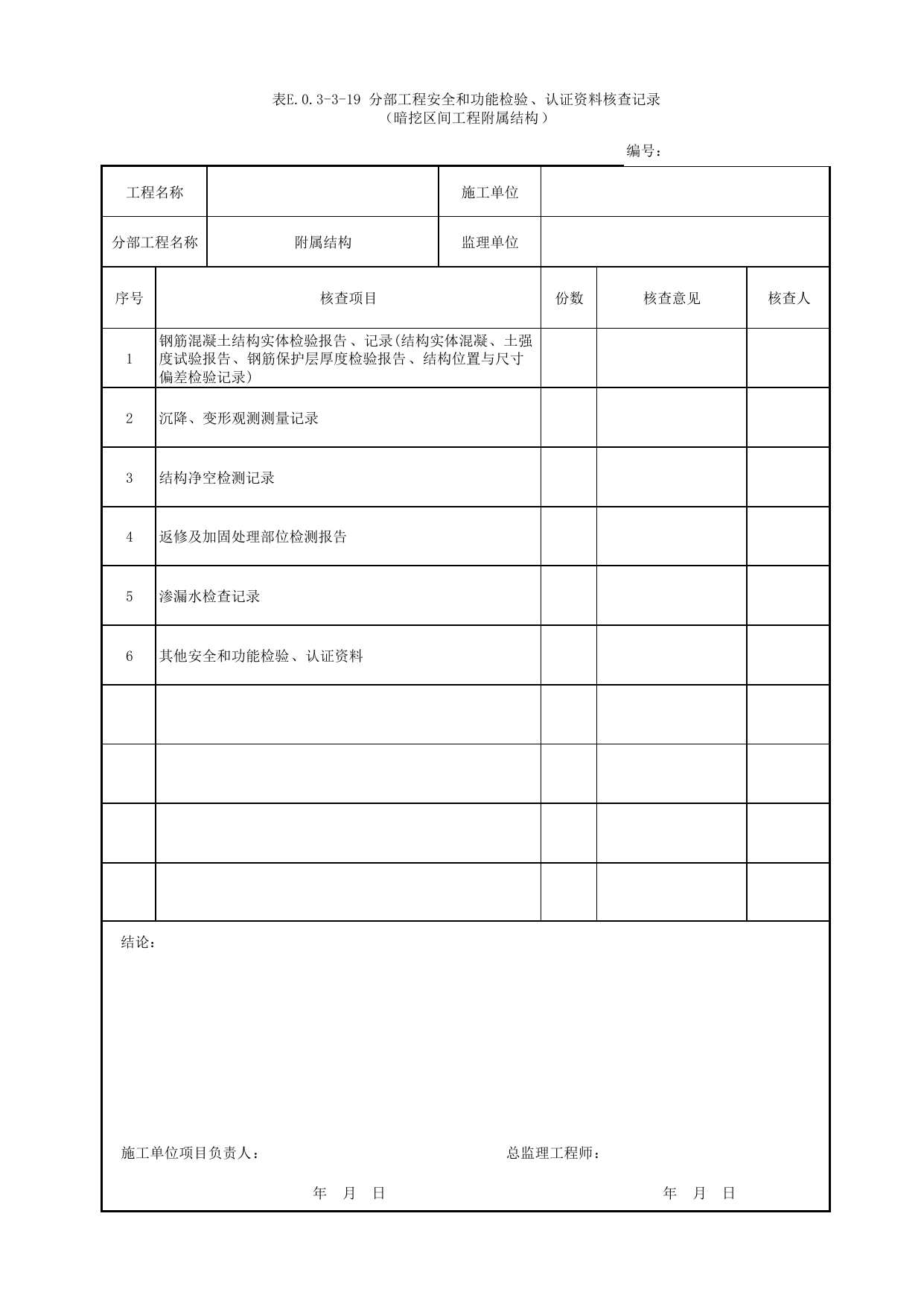表E.0.3-3-19 分部工程安全和功能检验、认证资料核查记录(暗挖区间工程附属结构) 第 1 页