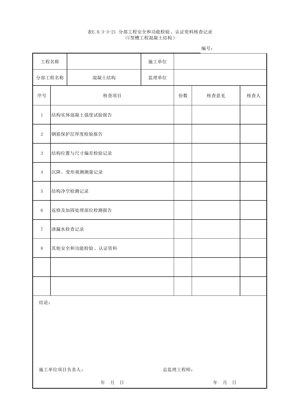 表E.0.3-3-21 分部工程安全和功能检验、认证资料核查记录(U型槽工程混凝土结构) 第 1 页