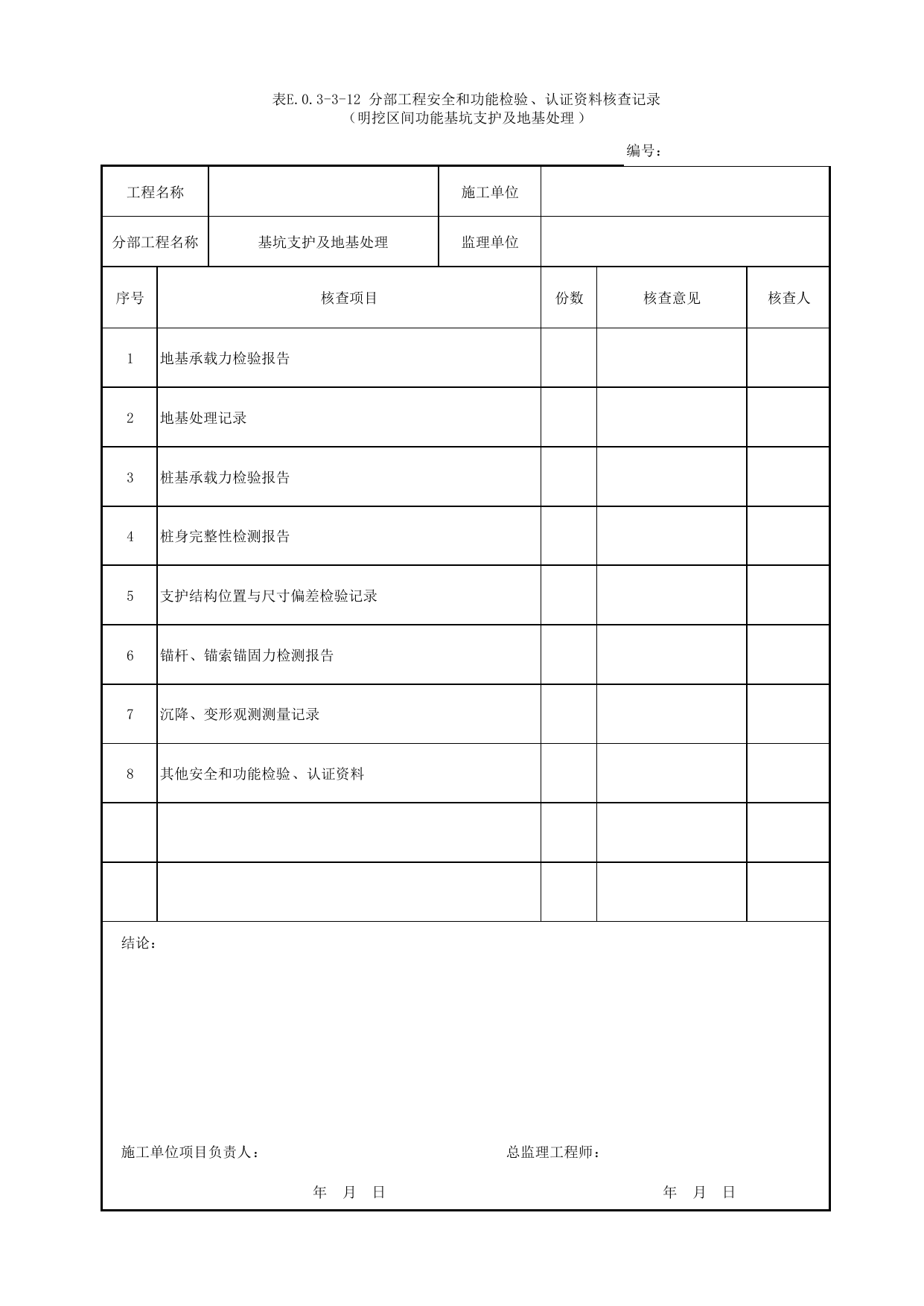 表E.0.3-3-12 分部工程安全和功能检验、认证资料核查记录(明挖区间工程基坑支护及地基处理) 第 1 页