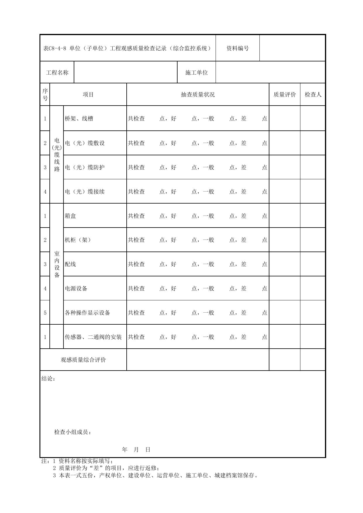 表C8-4-8 单位(子单位)工程观感质量检查记录(综合监控系统)_C8 工程竣工质量验收资料_C类 施工文件_城市轨道交通工程资料管理规程 DB11_T1448-2024 第 1 页