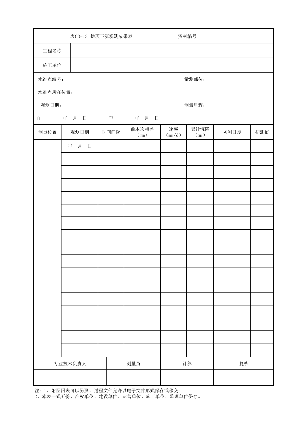 表C3-13 拱顶下沉观测成果表_1 车站工程、区间工程、车辆段及综合基地工程_C3 施工测量及监控量测及信息反馈管理资料_C类 施工文件_城市轨道交通工程资料管理规程 DB11_T1448-2024 第 1 页