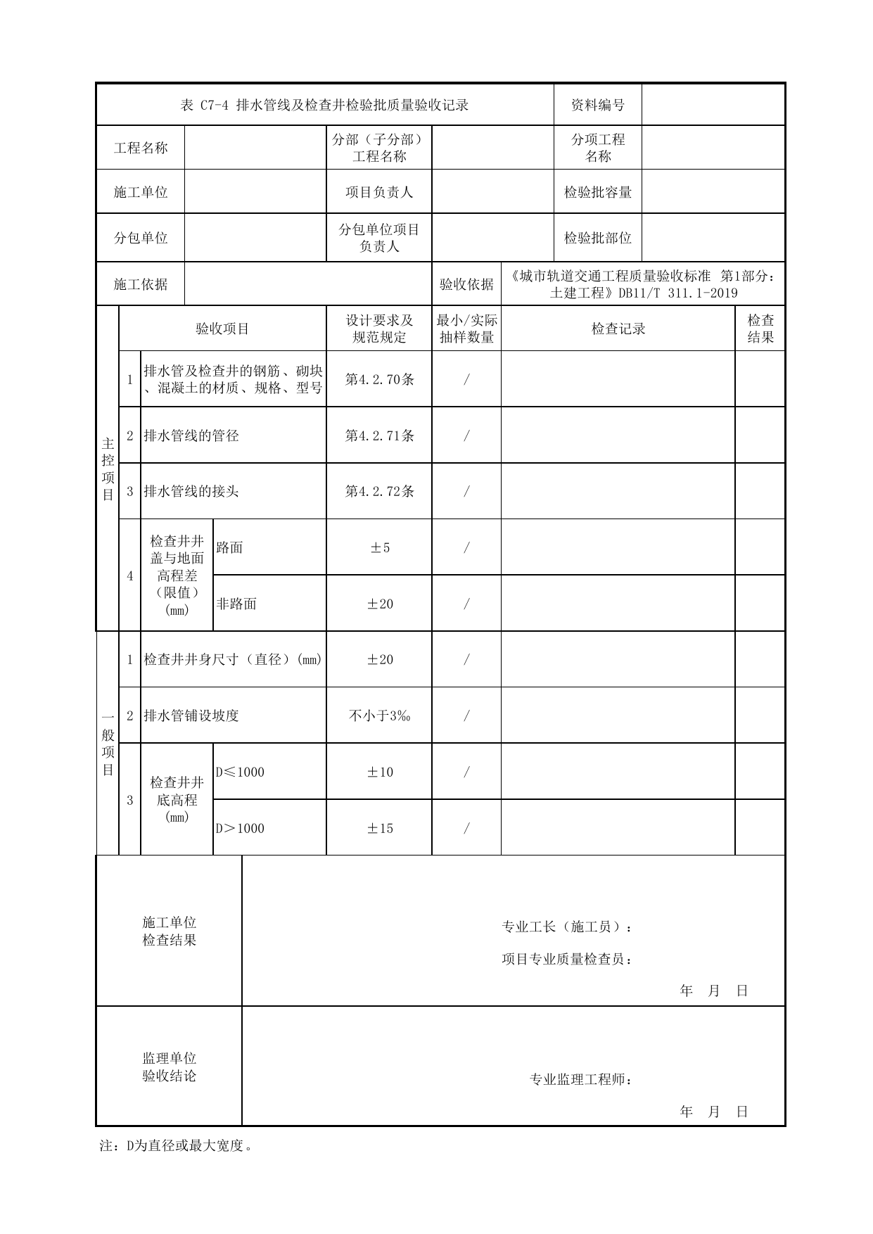 排水管线及检查井检验批质量验收记录_地下水控制_明挖车站_检验批验收用表_城市轨道交通工程质量验收标准第1部分:土建工程 DB11_T311.1-2019 第 1 页