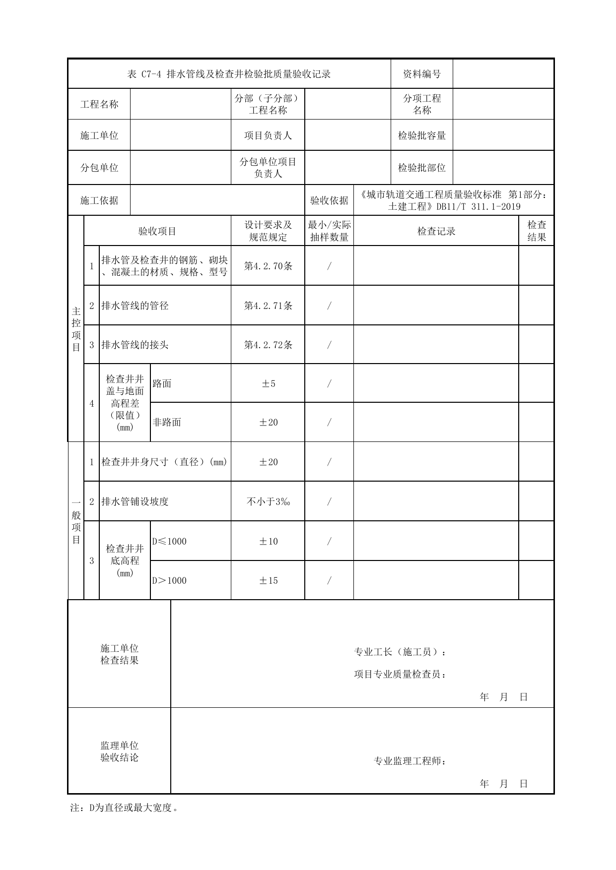排水管线及检查井检验批质量验收记录_地下水控制_盖挖车站_检验批验收用表_城市轨道交通工程质量验收标准第1部分:土建工程 DB11_T311.1-2019 第 1 页