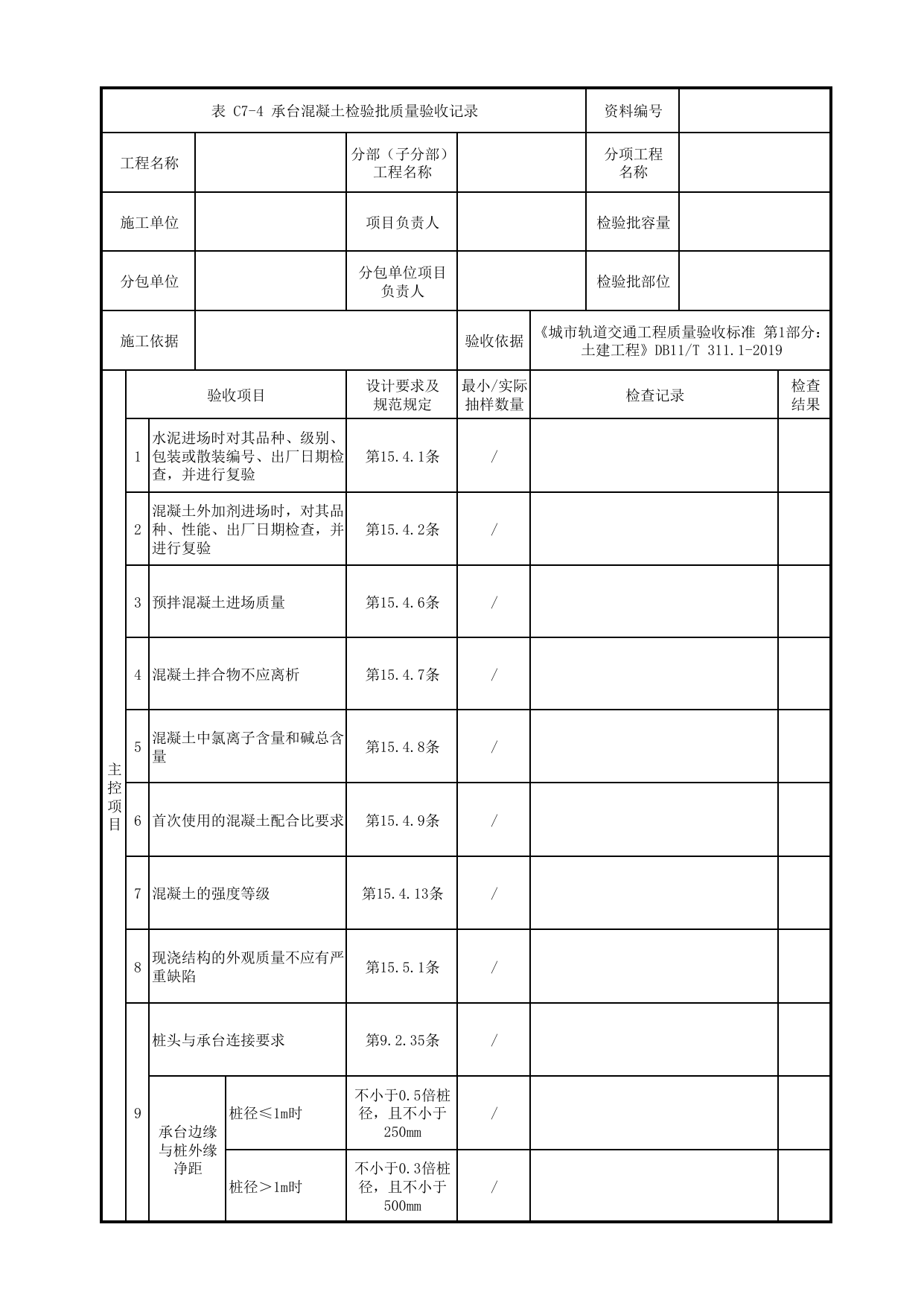 承台混凝土检验批质量验收记录_地基与基础_高架区间工程_检验批验收用表_城市轨道交通工程质量验收标准第1部分:土建工程 DB11_T311.1-2019 第 1 页