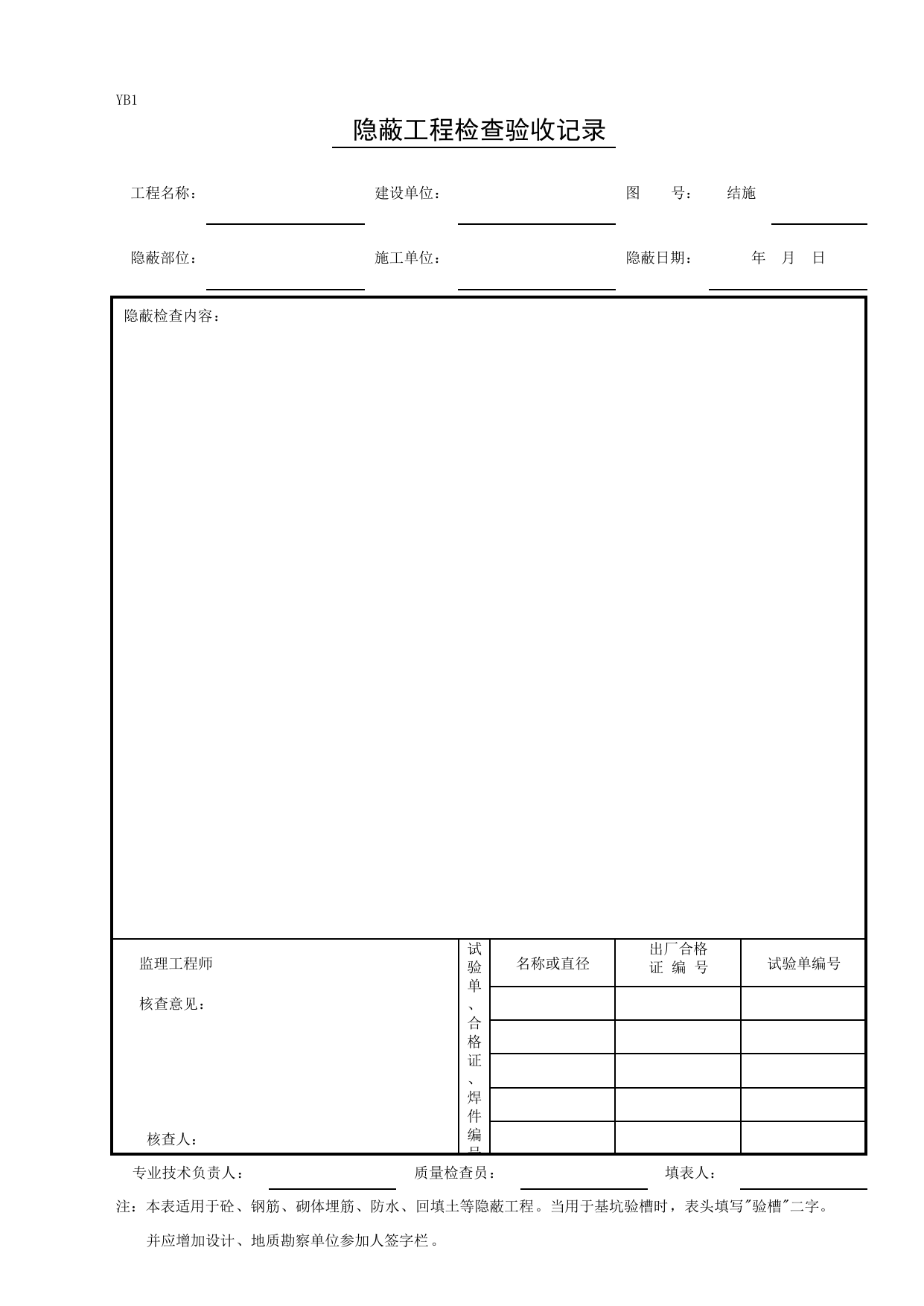 YB1 隐蔽工程检查验收记录_四、隐蔽工程检查验收记录_人防工程质量验收评定用表_安徽合肥人防表格_安徽省建筑资料库 第 1 页