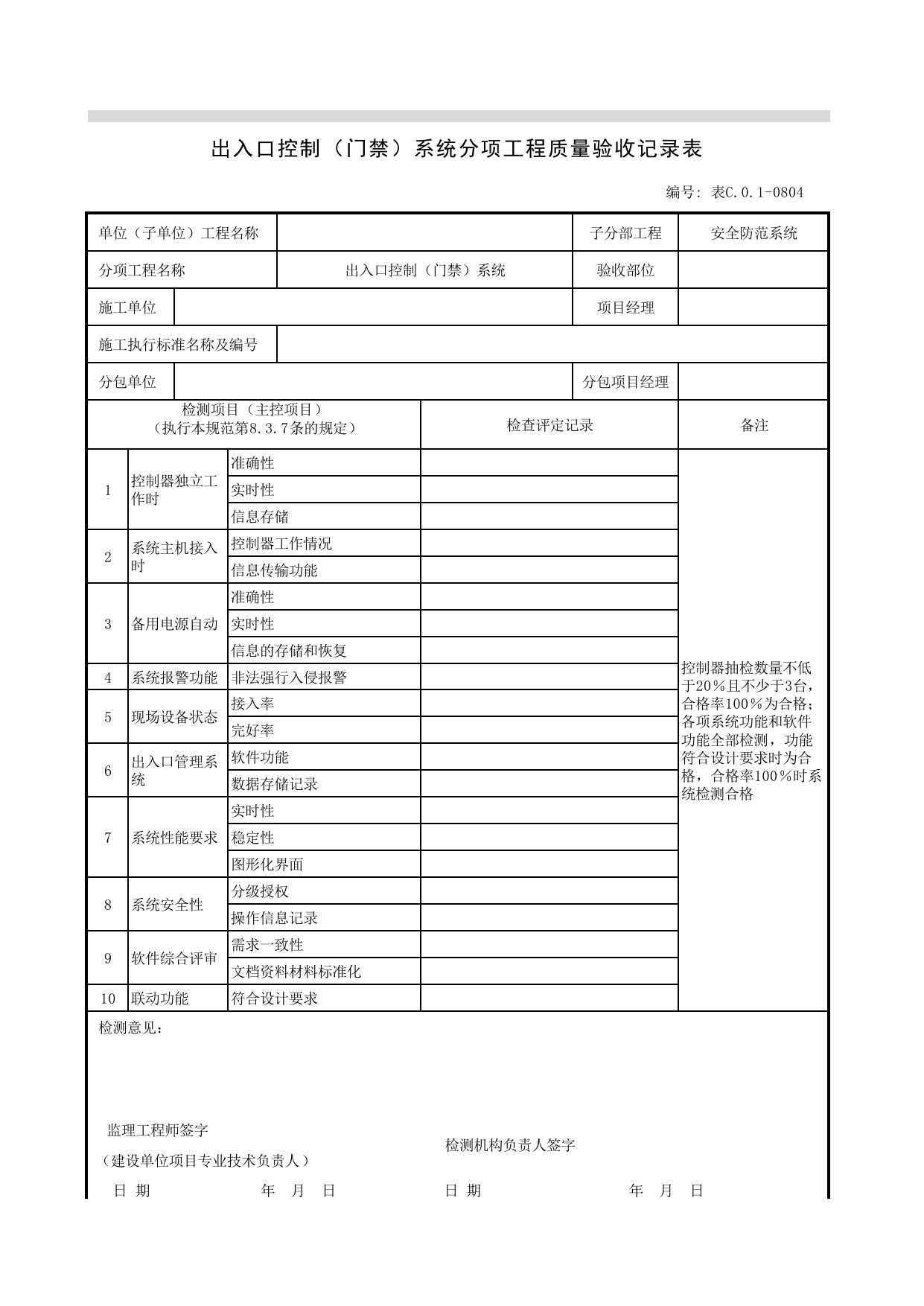 表C.0.1-0804 出入口控制(门禁)系统分项工程质量验收记录表_智能建筑工程质量检测验收记录表_安徽省建筑资料库 第 1 页