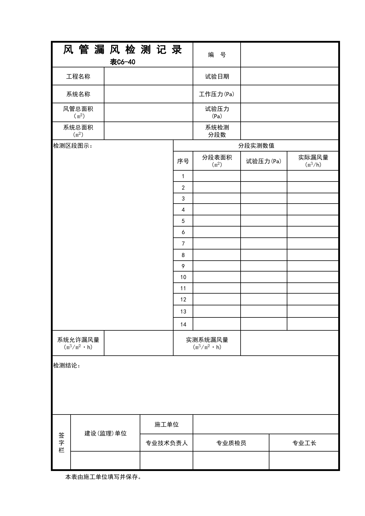 C6-40-风管漏风检测记录_通风与空调工程_C6 施工试验记录_C-施工资料_安徽省建筑资料库 第 1 页