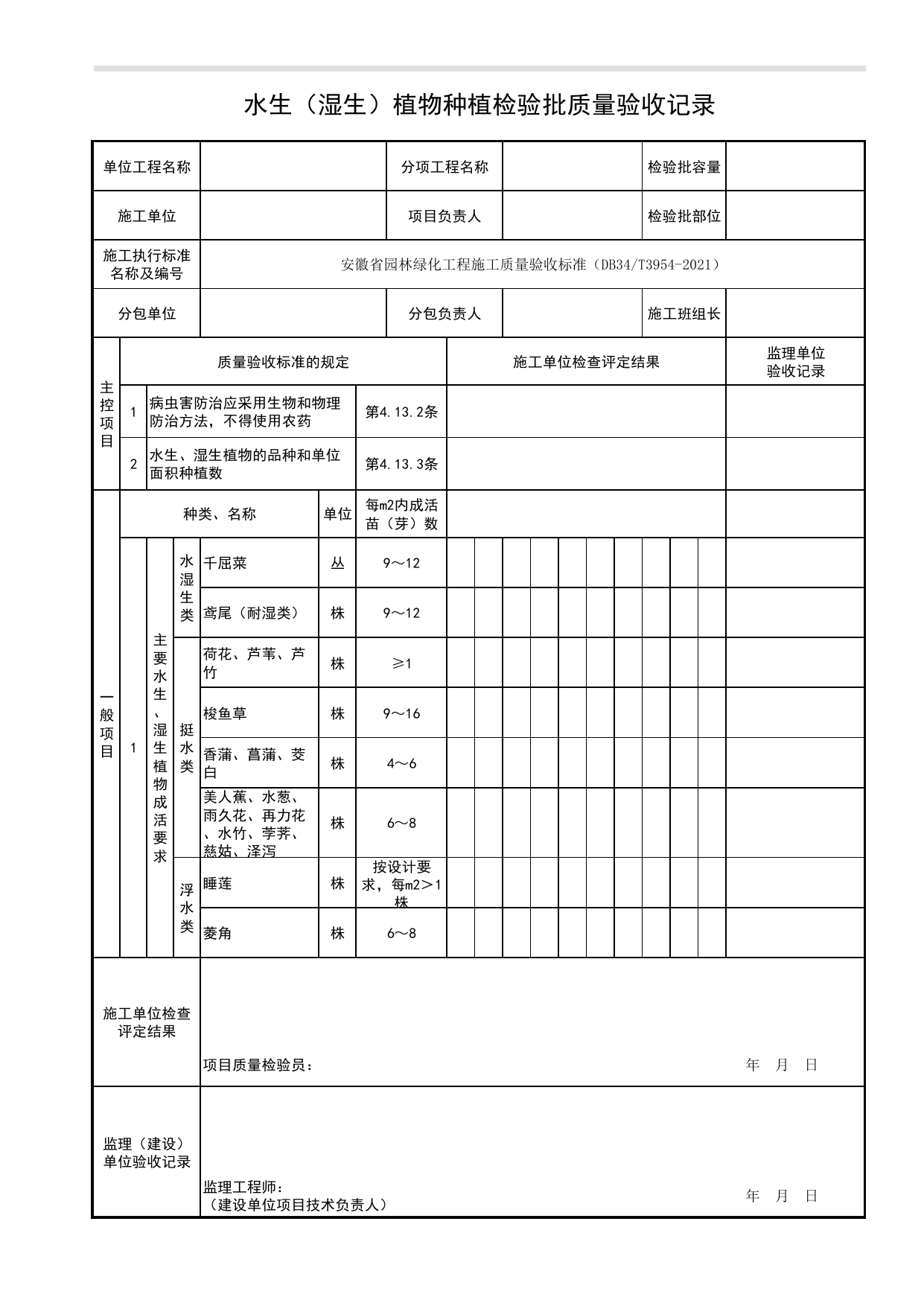 水生(湿生)植物种植检验批质量验收记录_水生、湿生植物种植_种植工程_绿化种植工程_检验批、分项工程、分部(子分部)工程质量验收记录 第 1 页