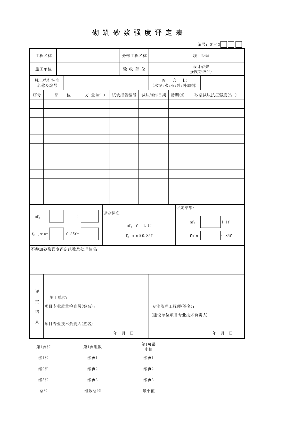 01-12 砌筑砂浆强度评定表(新)_地基与基础分部_【新规范】工程质量验收配套检查用表_安徽省建筑资料库 第 1 页