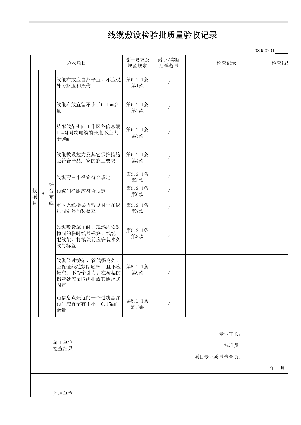 08050201_线缆敷设检验批质量验收记录_0805_综合布线系统_08智能建筑_检验批质量验收记录_C8 过程验收资料_C 施工资料_安徽省建筑工程资料管理规程(DB34∕T918-2019) 第 3 页