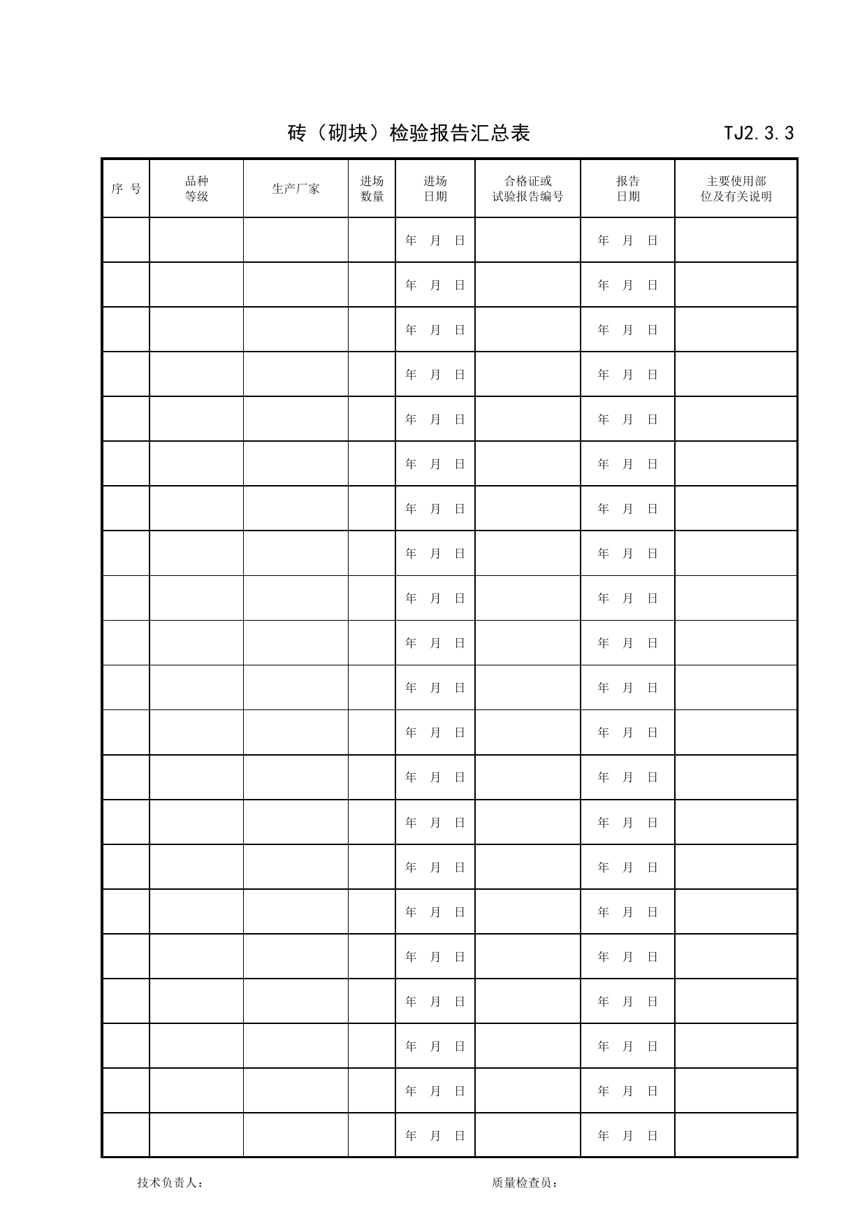 TJ2_3_3_砖(砌块)出厂合格证或试验报告汇总表_TJ2_3_原材料出厂合格证书及进场检(试)验报告_TJ2_工程质量控制资料_土建部分_滁州表格_安徽省建筑资料库 第 1 页