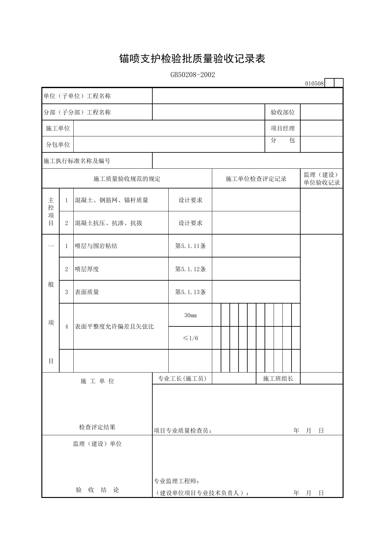 010508 锚喷支护检验批质量验收记录表_地下防水工程验收规范_马鞍山市施工质量验收表_安徽省建筑资料库 第 1 页