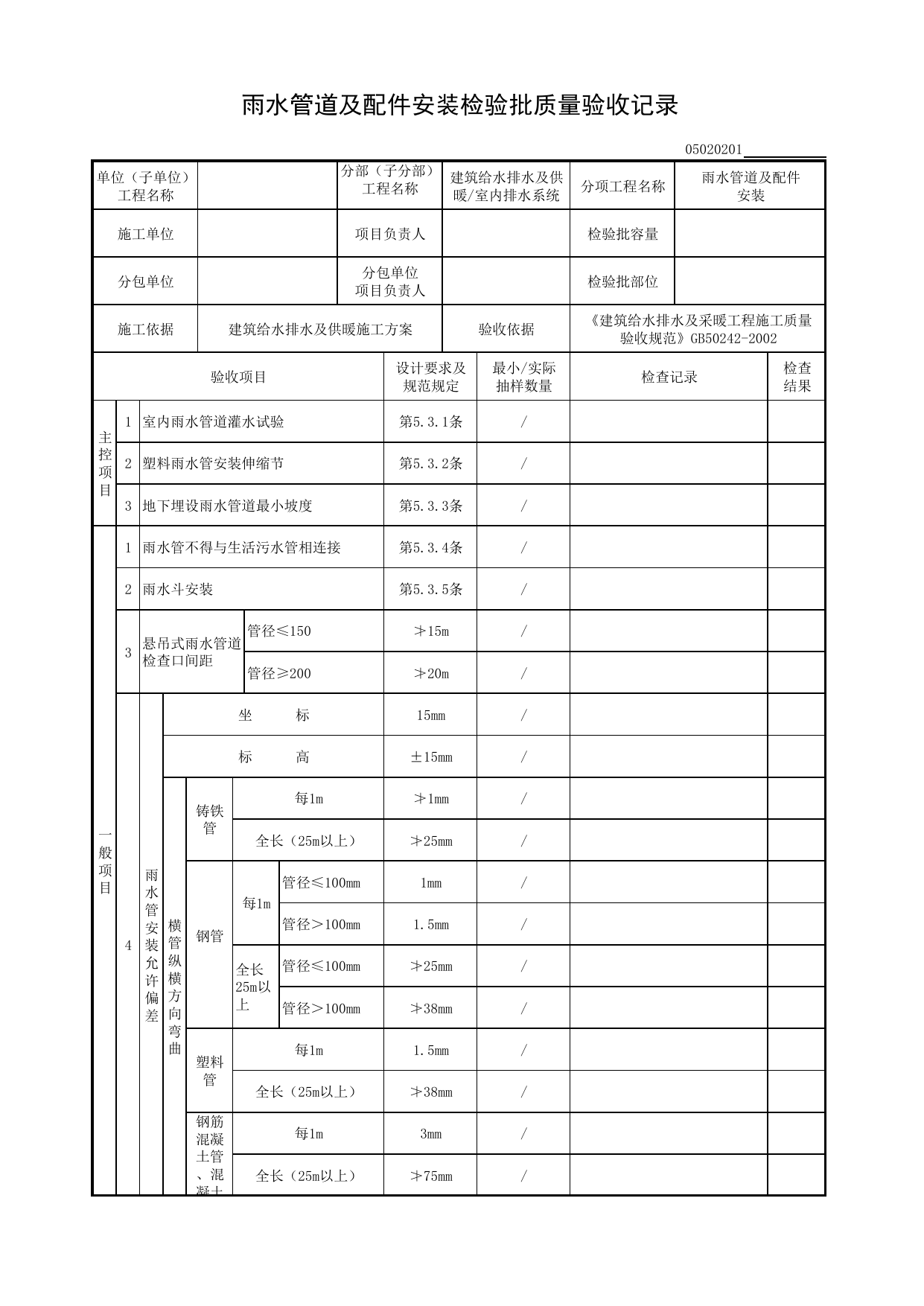 【雨水管道及配件安装】05020201_雨水管道及配件安装检验批质量验收记录_0502_室内排水系统_05建筑给水排水及供暖_检验批质量验收记录_C8 过程验收资料_C 施工资料 第 1 页