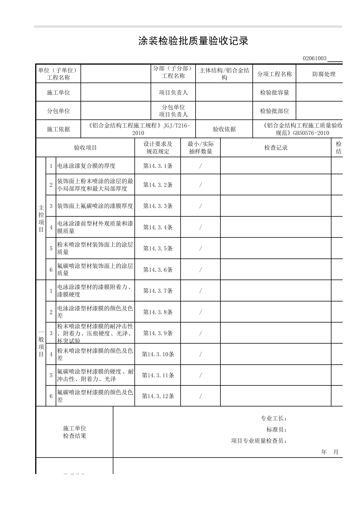 【防腐处理】02061003_涂装检验批质量验收记录_0206_铝合金结构_02主体结构_检验批质量验收记录_C8 过程验收资料_C 施工资料_安徽省建筑工程资料管理规程(DB34∕T918-2019) 第 1 页