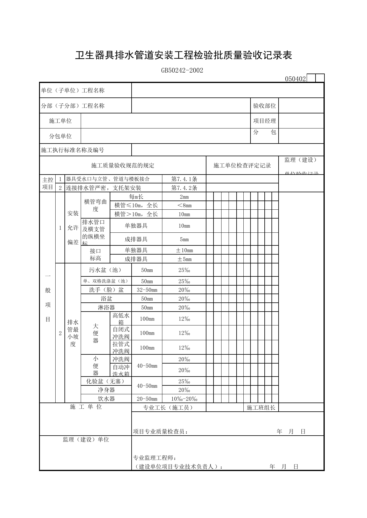 050402 卫生器具排水管道安装工程检验批质量验收记录表_建筑给排水及采暖质量验收规范_马鞍山市施工质量验收表_安徽省建筑资料库 第 1 页