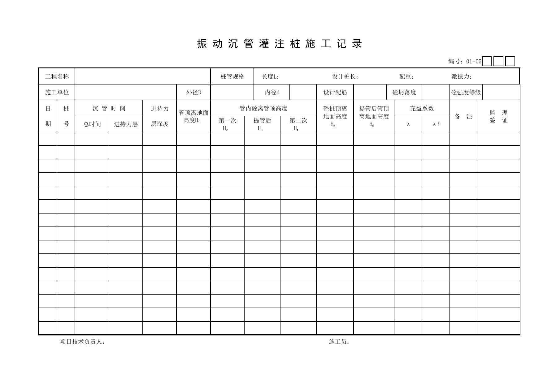 01-05 振动沉管灌注桩施工记录_地基与基础分部_【新规范】工程质量验收配套检查用表_安徽省建筑资料库 第 1 页