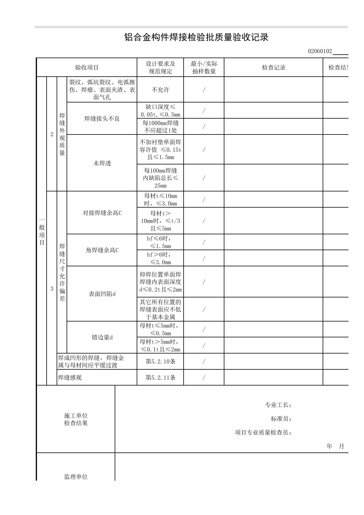 02060102_铝合金构件焊接检验批质量验收记录_0206_铝合金结构_02主体结构_检验批质量验收记录_C8 过程验收资料_C 施工资料_安徽省建筑工程资料管理规程(DB34∕T918-2019) 第 3 页